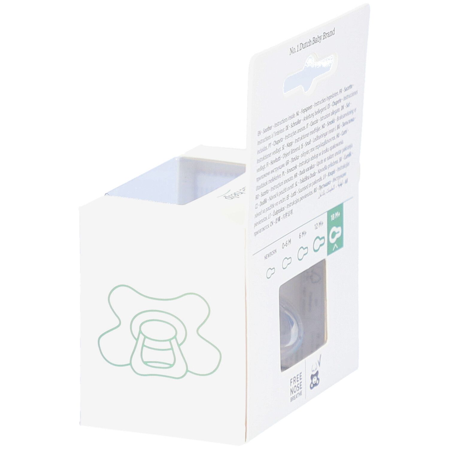 Verpakking met speen. Achterkant met tekst. Venster met speen zichtbaar.