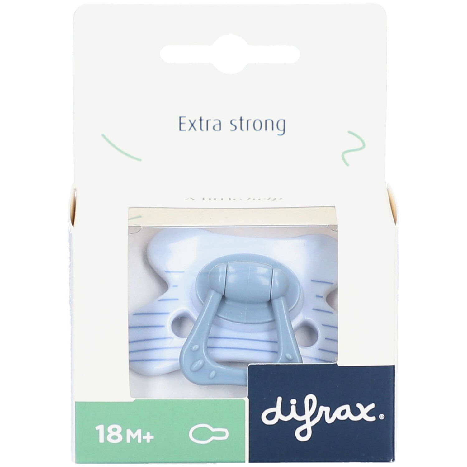 Speen in verpakking. Lichtblauwe speen met strepen. Verpakking met tekst "Extra strong" en logo.