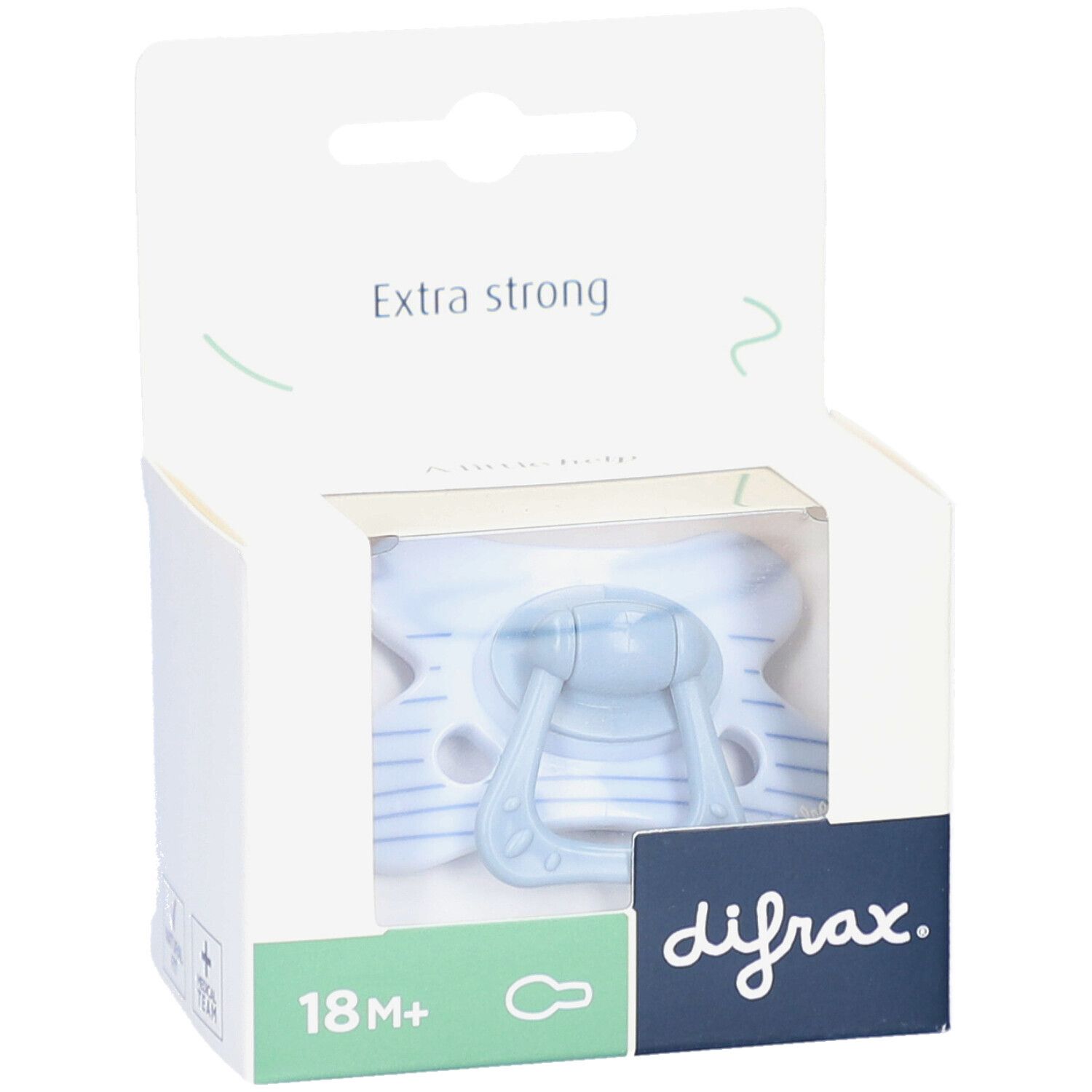 Speen in verpakking. Lichtblauwe speen met strepen. Verpakking met tekst "Extra strong" en logo.