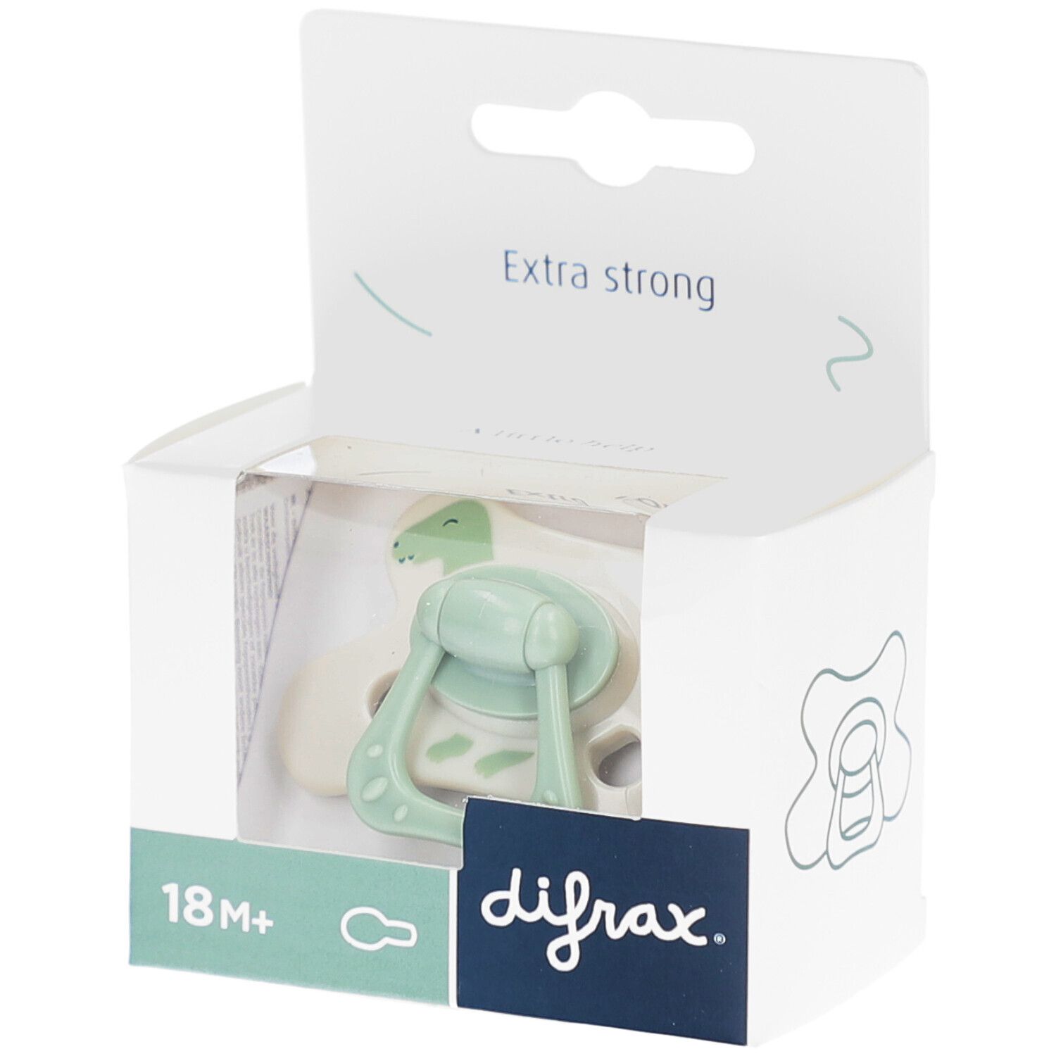 Verpakking met fopspeen. Groen-witte fopspeen met dino-motief. Merk Difrax. Aanbevolen voor 18m+.