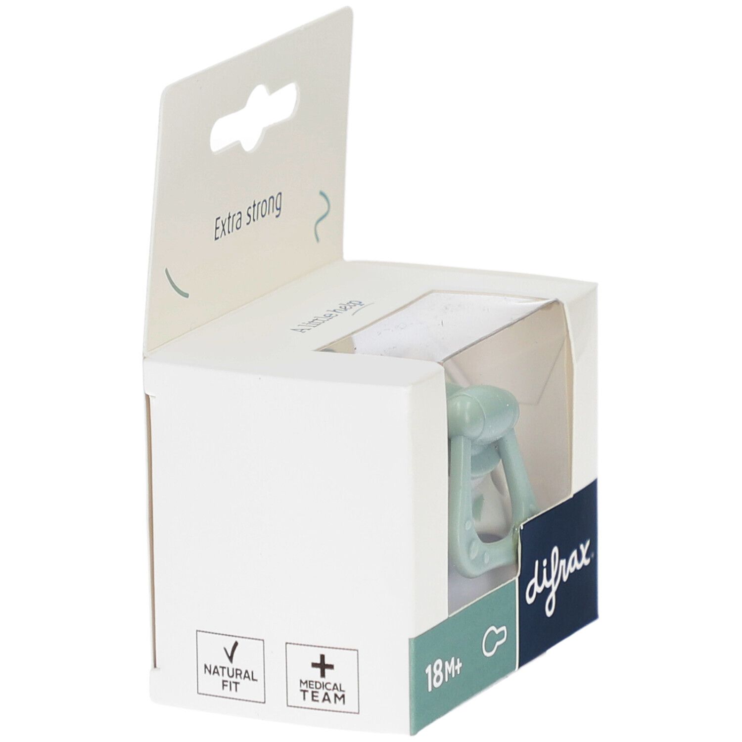 Verpakking met fopspeen. Merk Difrax. Aanbevolen voor 18m+. Natuurlijke pasvorm en medisch team.
