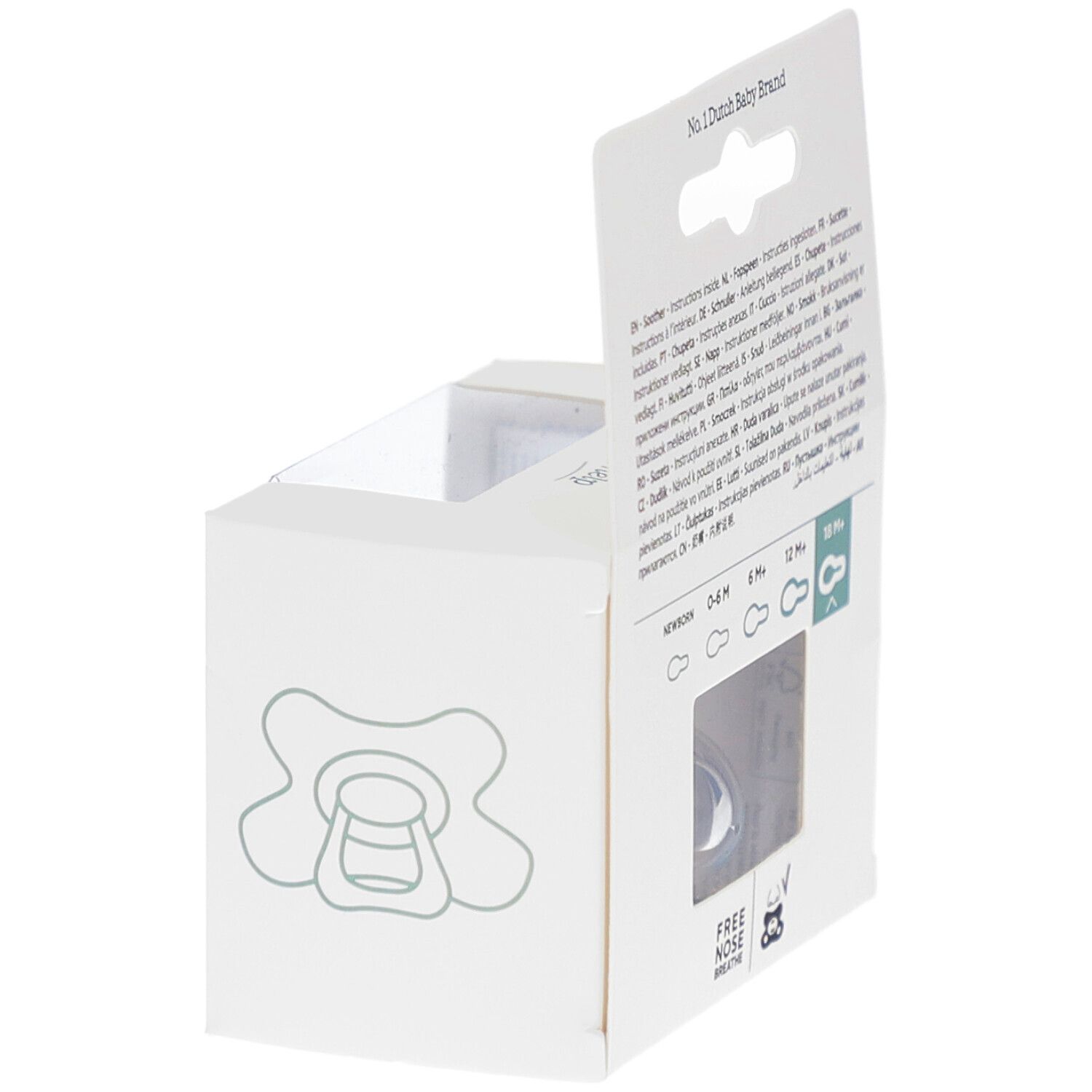 Verpakking met fopspeen. Merk Difrax. Overzicht fopspeenmaten. Free Nose Breathe.