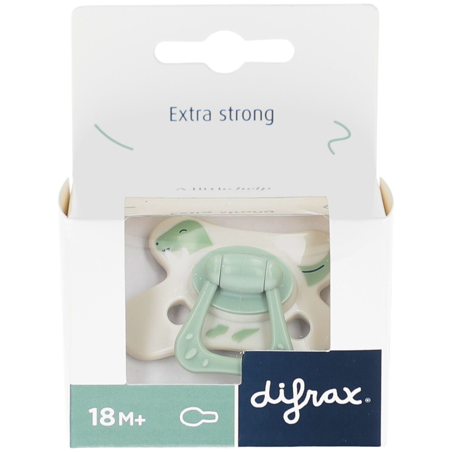 Verpakking met fopspeen. Groen-witte fopspeen met dino-motief. Merk Difrax. Aanbevolen voor 18m+.