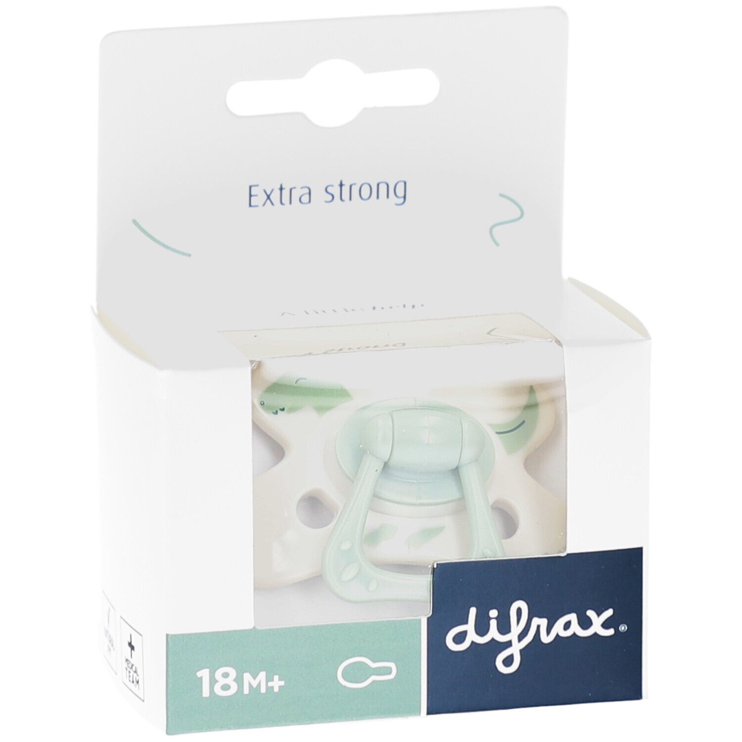 Verpakking met fopspeen. Groen-witte fopspeen. Merk Difrax. Aanbevolen voor 18m+.