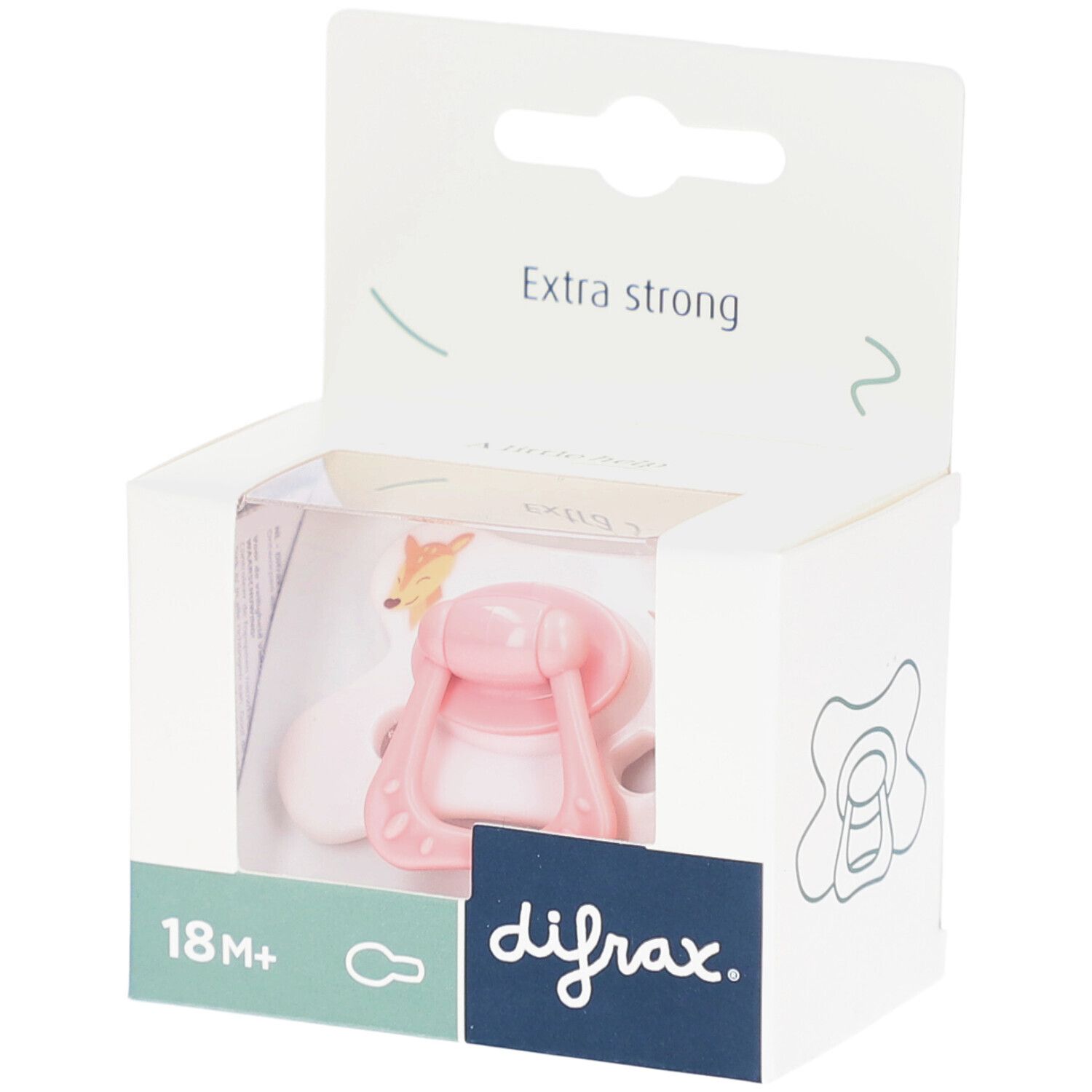 Roze fopspeen in verpakking. Zichtbaar: merk difrax, leeftijd 18M+, tekst "Extra strong".