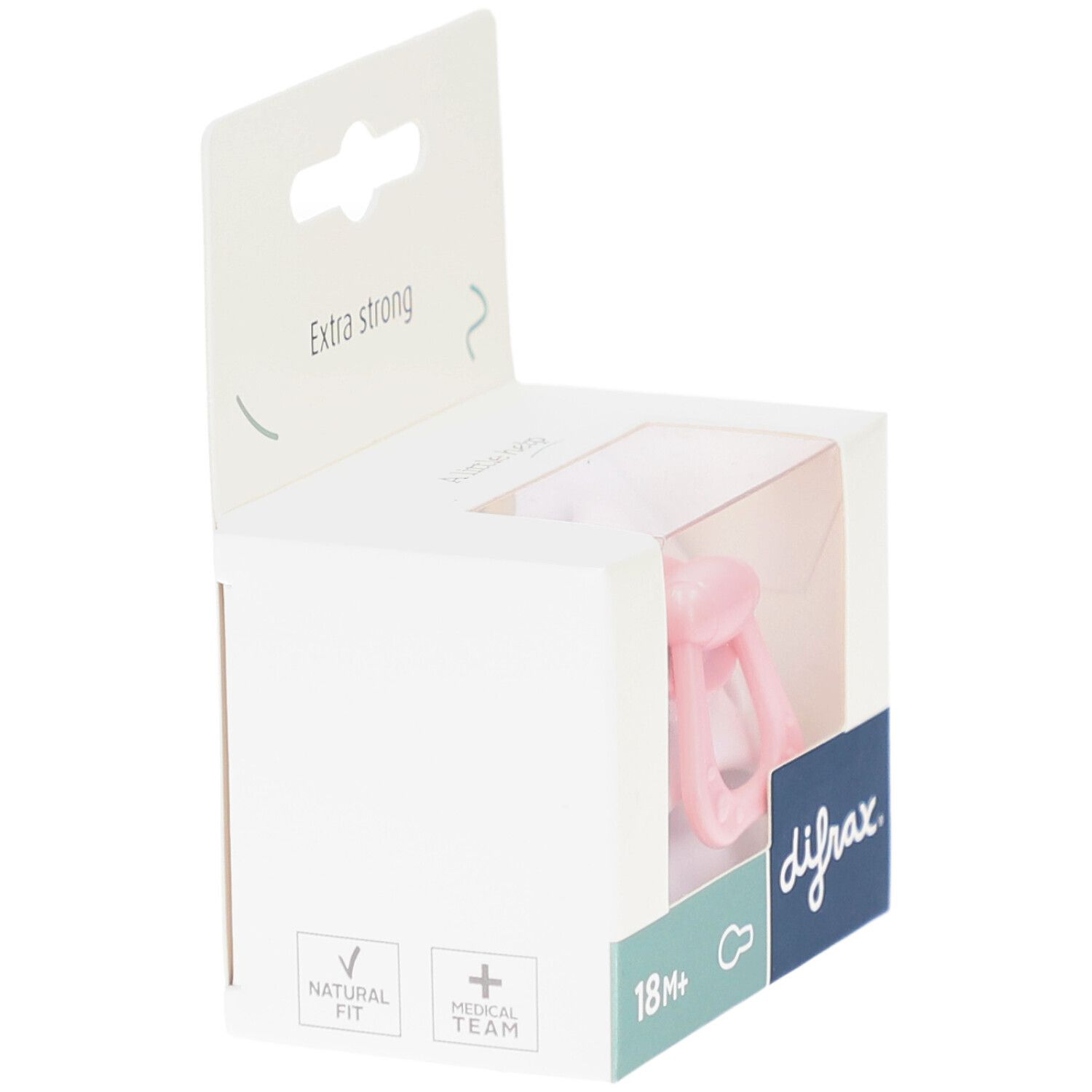 Roze fopspeen in verpakking. Zichtbaar: merk difrax, leeftijd 18M+, logo's "Natural fit" en "Medical team".