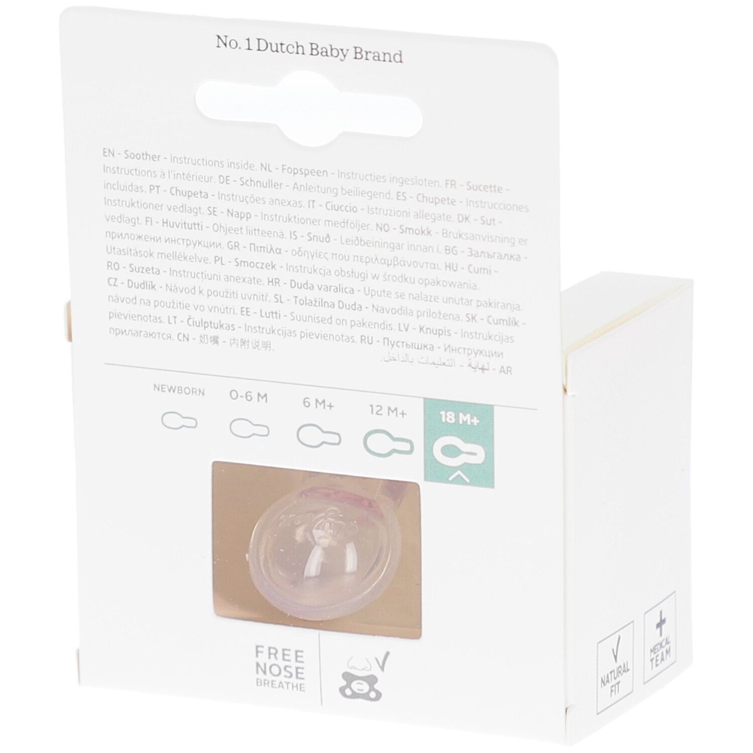 Achterkant van de verpakking. Zichtbaar: meertalige tekst, leeftijdsindicaties, logo "Free nose breathe".