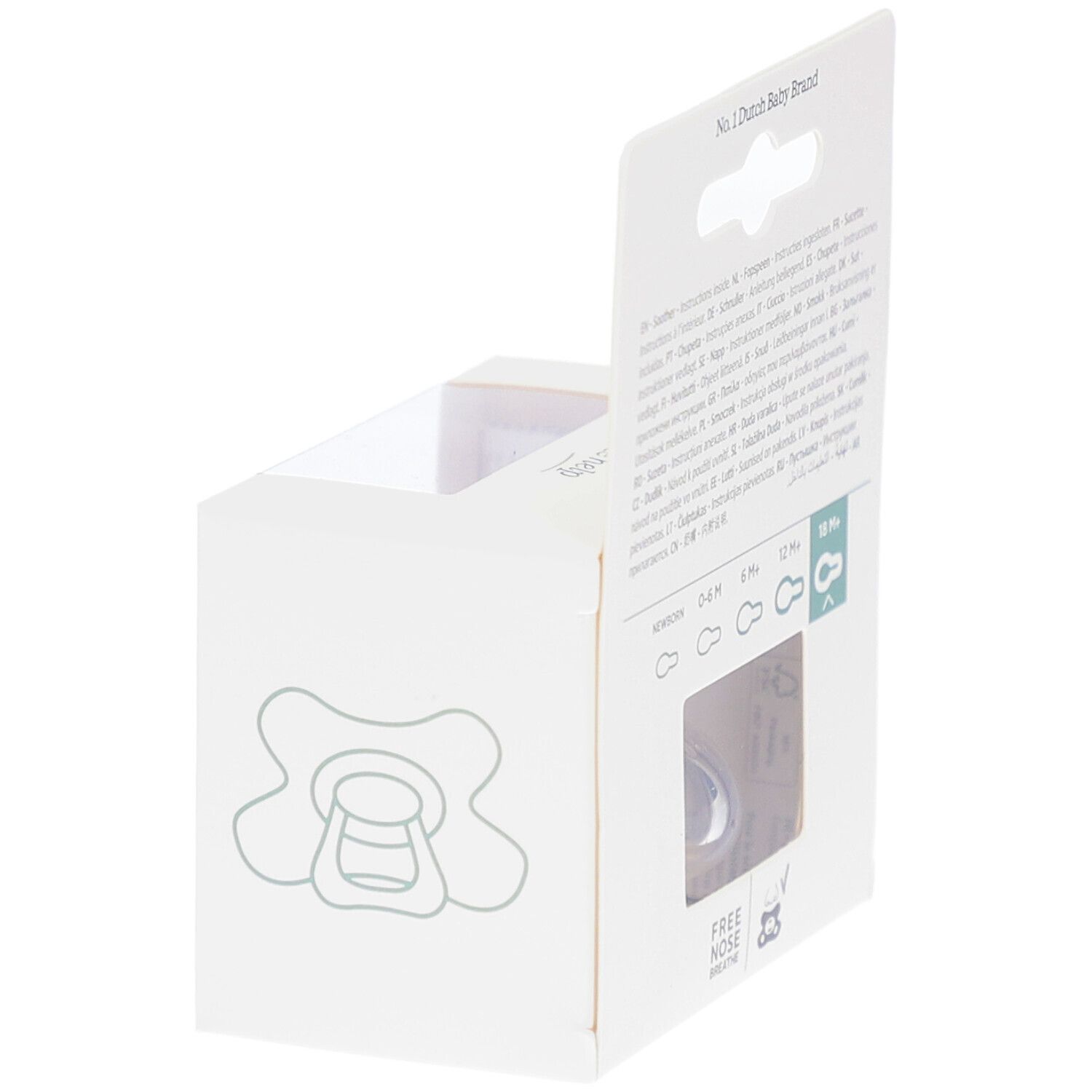 Verpakking met fopspeen-symbool. Zichtbaar: logo "Free nose breathe", leeftijdsindicaties.