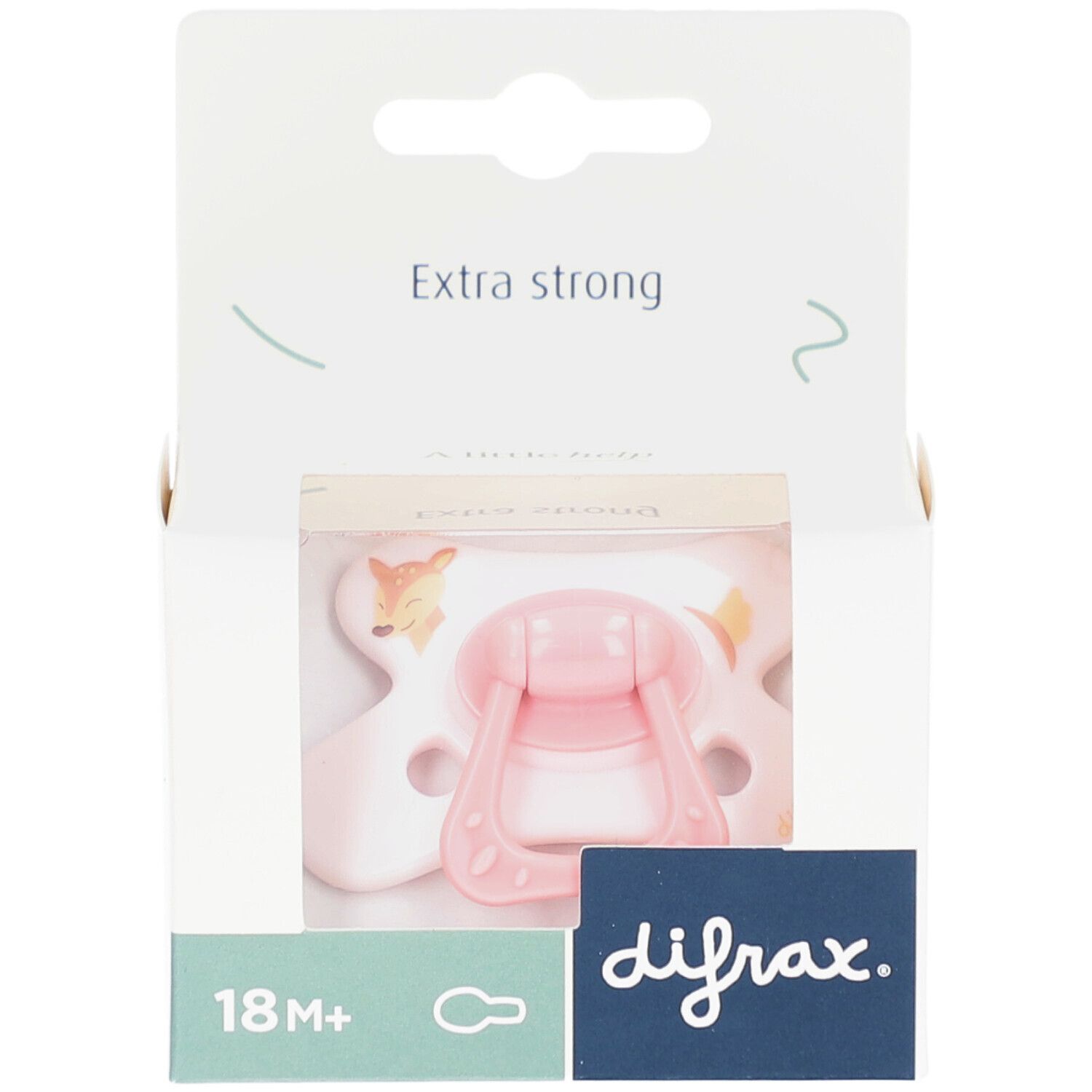 Roze fopspeen met hert-motief in verpakking. Zichtbaar: merk difrax, leeftijd 18M+, tekst "Extra strong".
