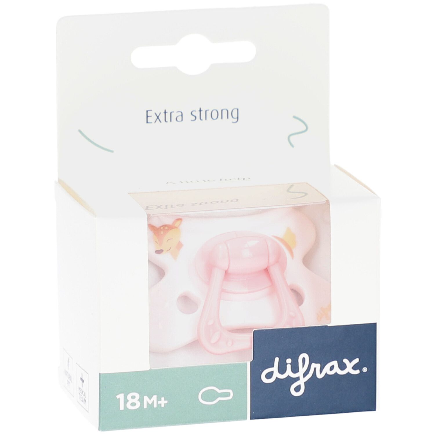Roze fopspeen met hert-motief in verpakking. Zichtbaar: merk difrax, leeftijd 18M+, tekst "Extra strong".