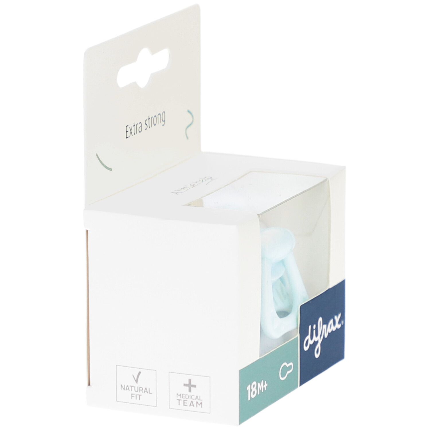 Sucette bleu clair dans une boîte. Inscriptions : difrax, 18M+.