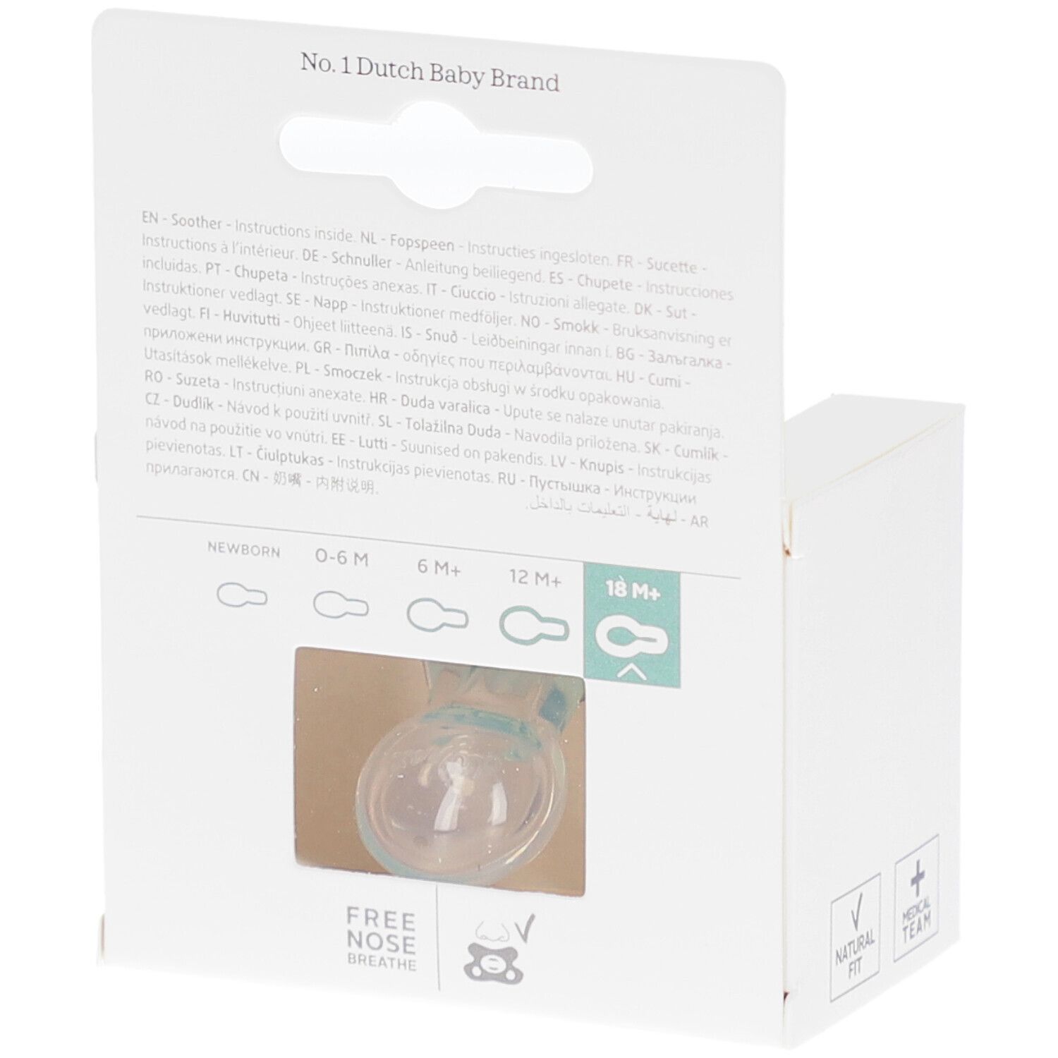 Dos de l'emballage avec informations sur le produit. Visible : sucette, 18M+.