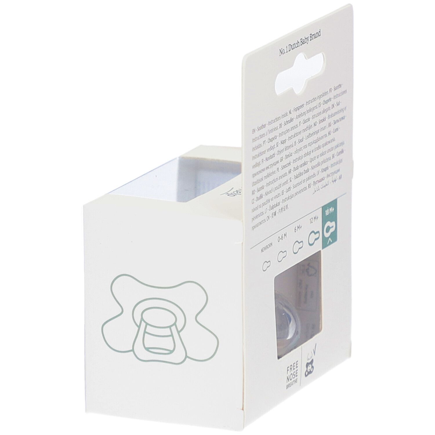 Dos de l'emballage avec informations sur le produit. Visible : sucette, 18M+.