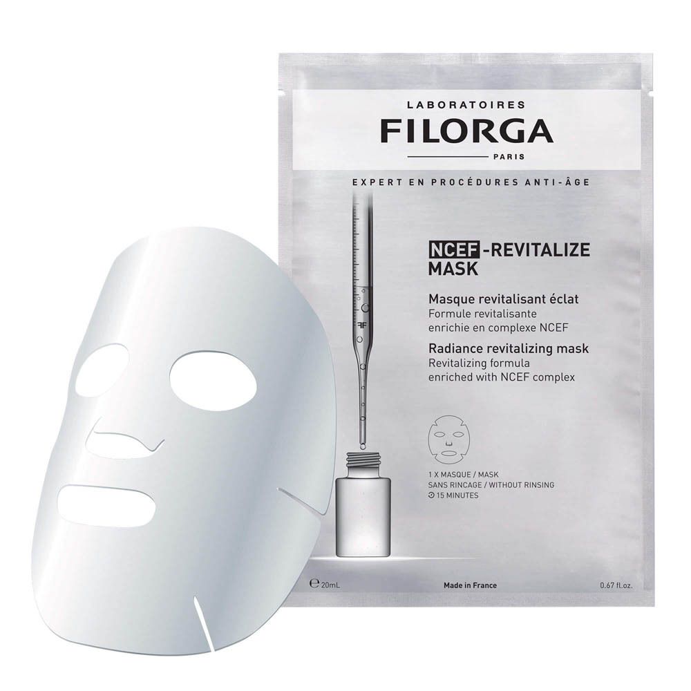 Masque Filorga NCEF-Revitalize. Masque individuel en sachet argenté. Contient une pipette et un flacon.