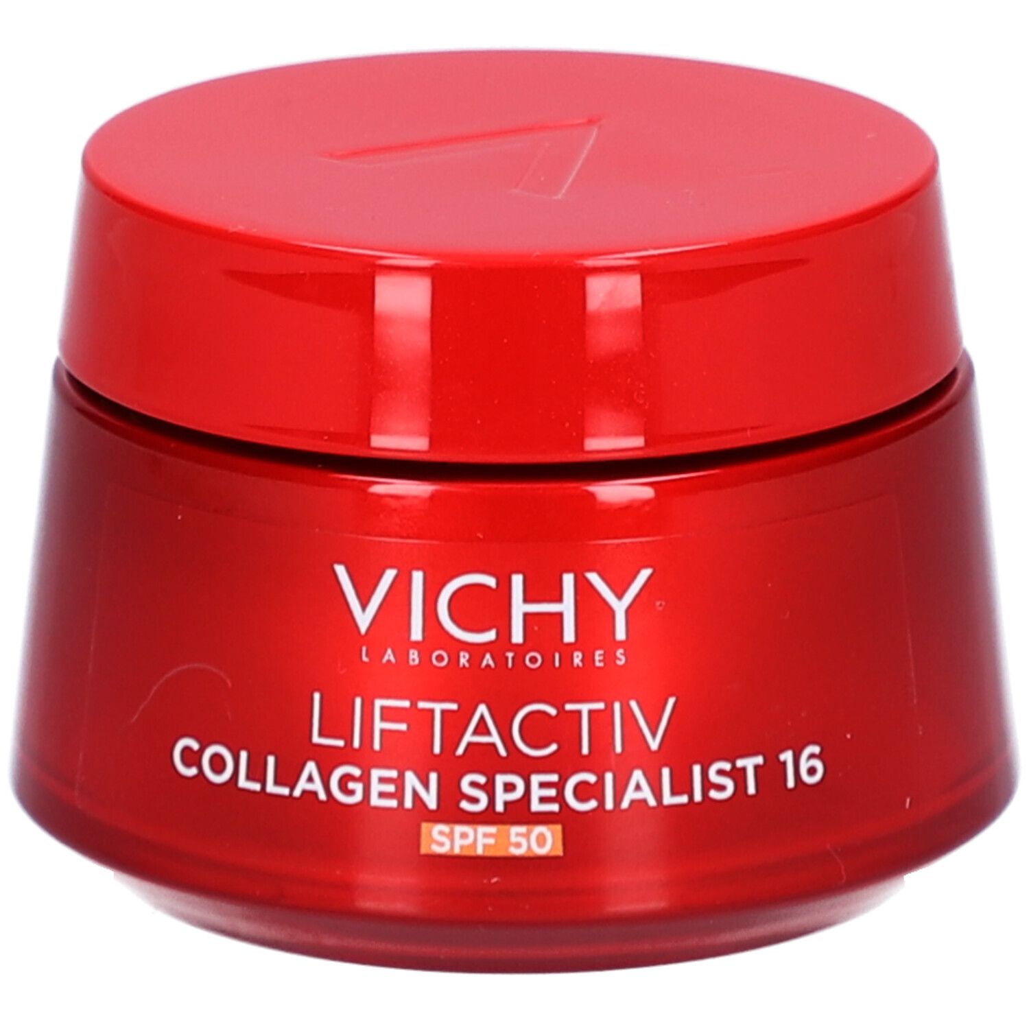 Pot rouge avec couvercle. Inscription: Vichy Liftactiv Collagen Specialist 16 SPF 50.