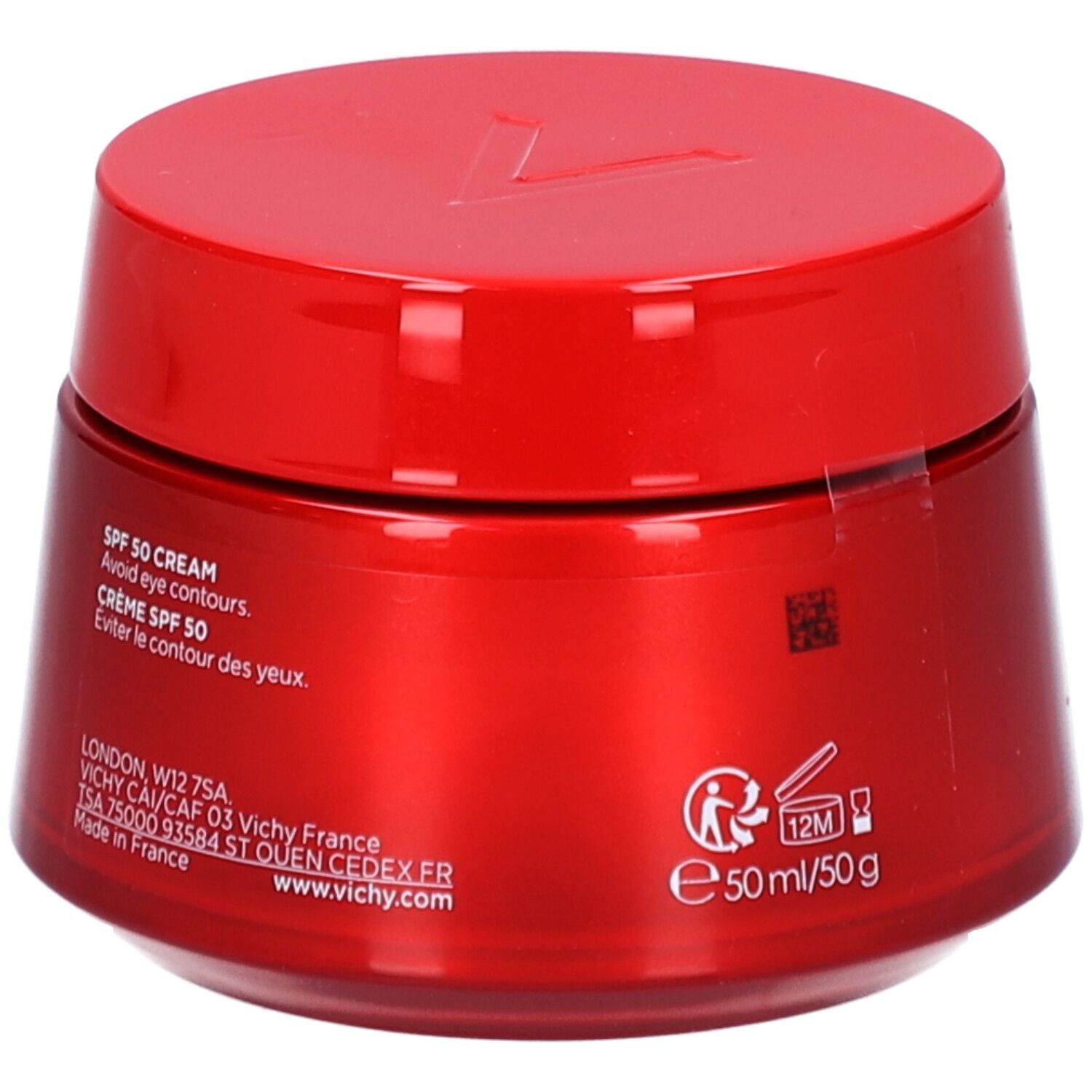 Pot rouge avec couvercle. Texte au dos: SPF 50 Cream, Crème SPF 50, 50ml/50g.