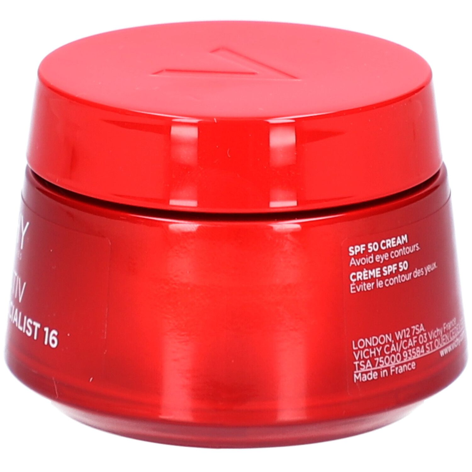 Pot rouge avec couvercle. Inscription: Vichy Liftactiv Collagen Specialist 16. Texte au dos.