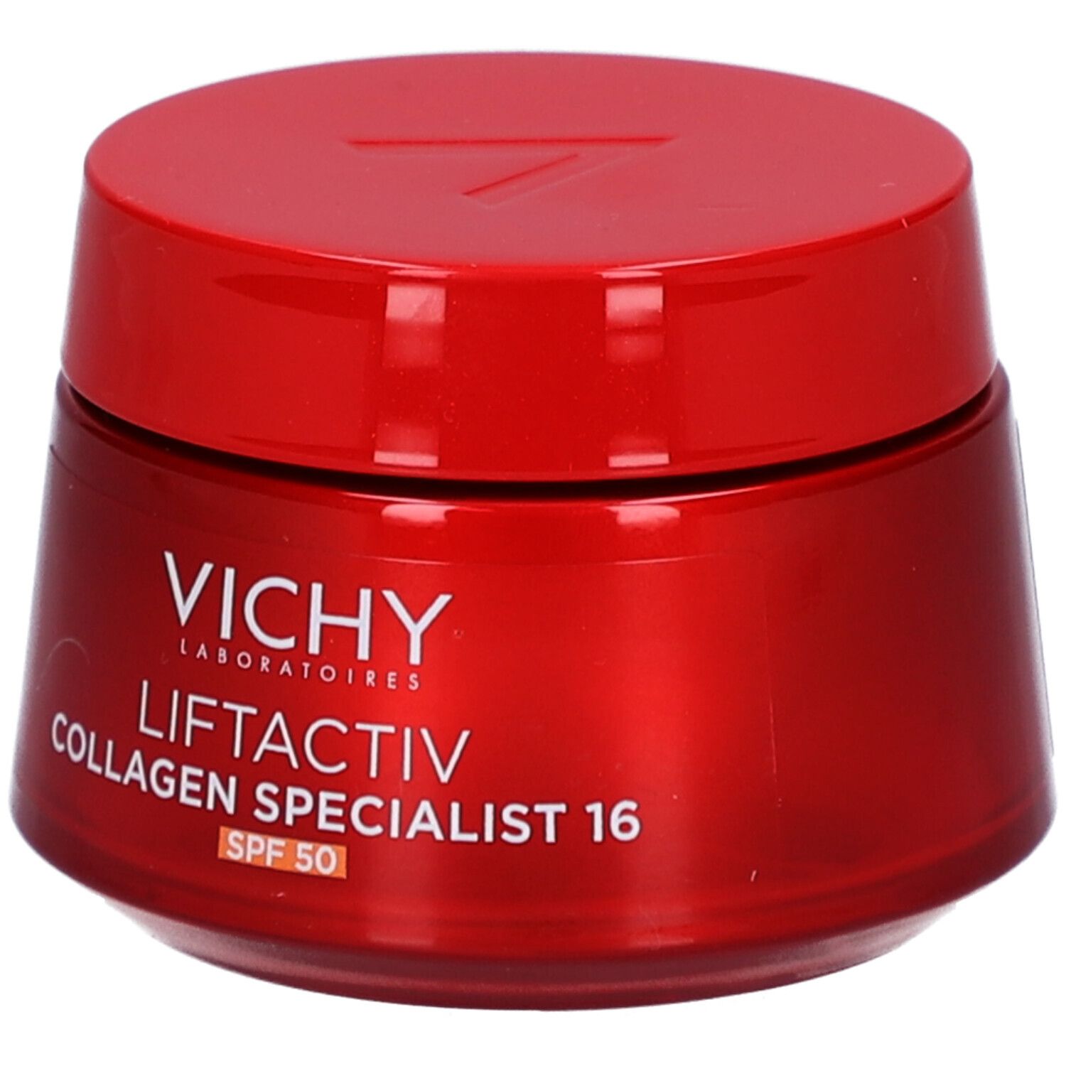 Pot rouge avec couvercle. Inscription: Vichy Liftactiv Collagen Specialist 16 SPF 50.