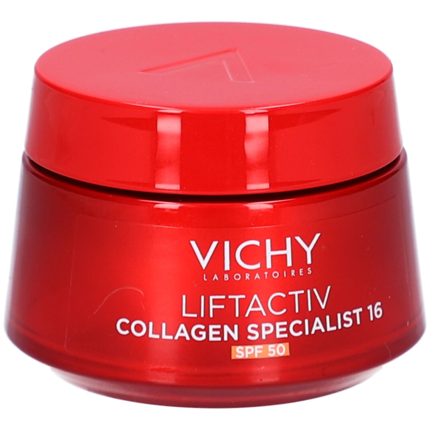 Pot rouge avec couvercle. Inscription: Vichy Liftactiv Collagen Specialist 16 SPF 50.