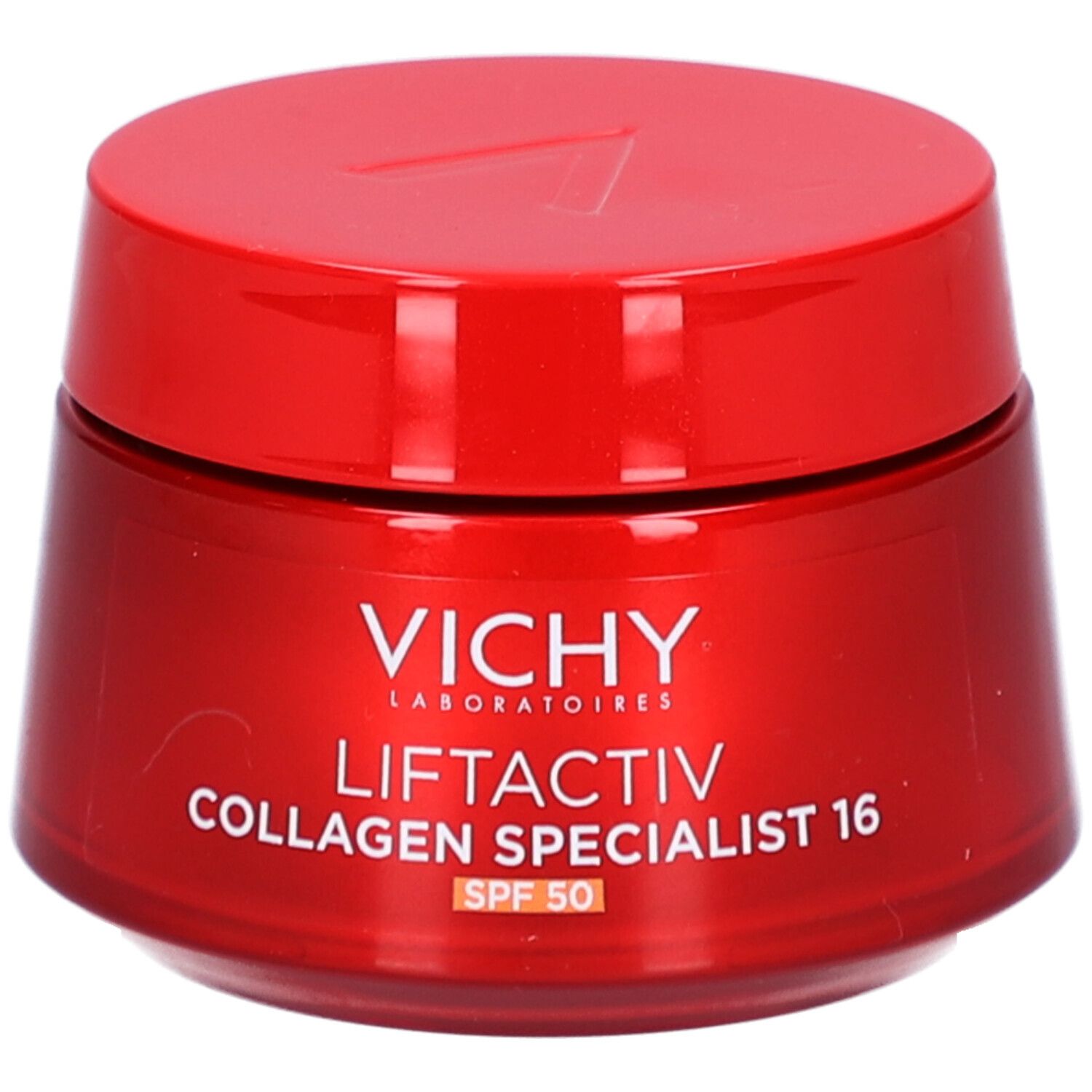 Pot rouge avec couvercle. Inscription: Vichy Liftactiv Collagen Specialist 16 SPF 50.