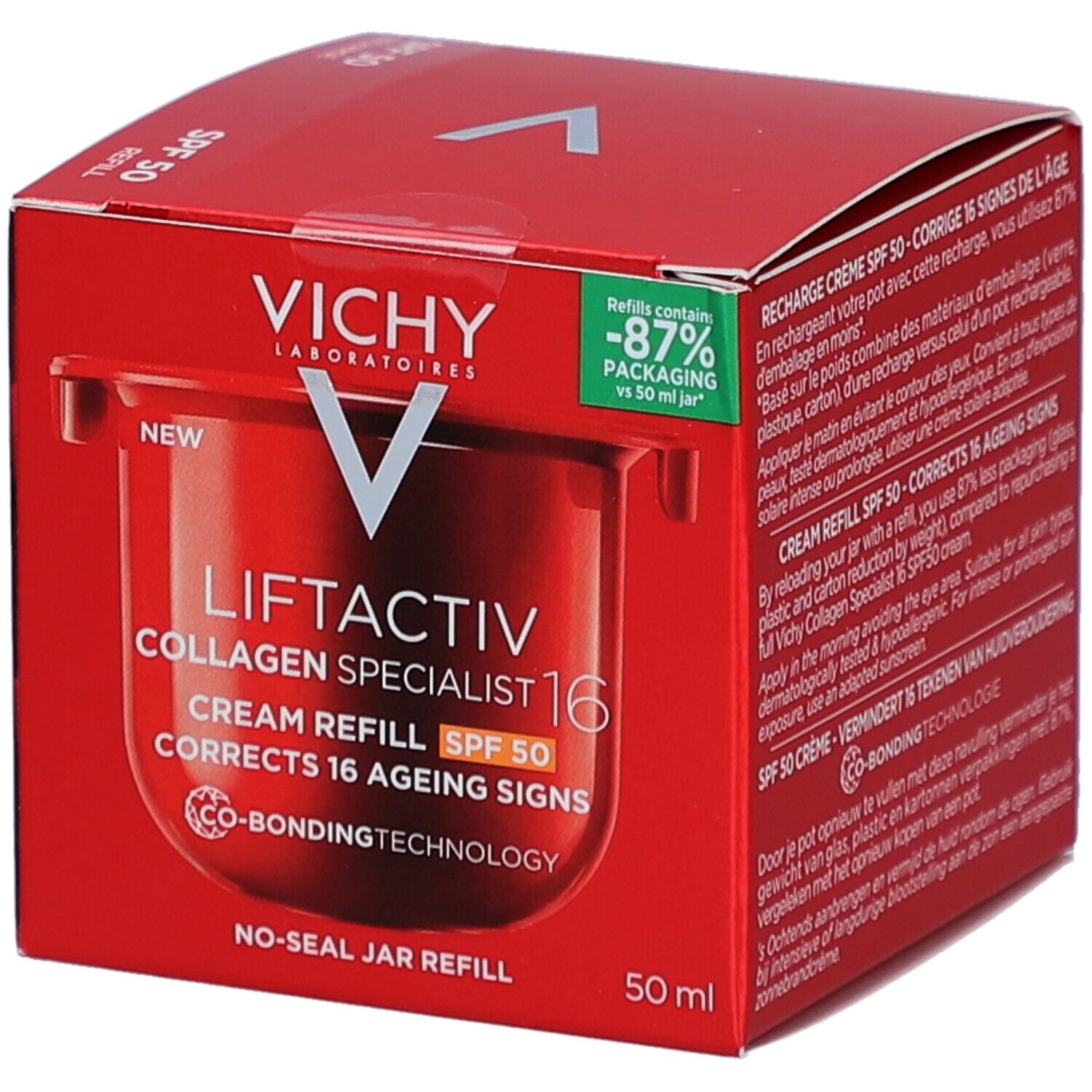 Boîte rouge Vichy Liftactiv Collagen Specialist 16 Crème de Jour SPF50 Recharge. Texte et image du produit.