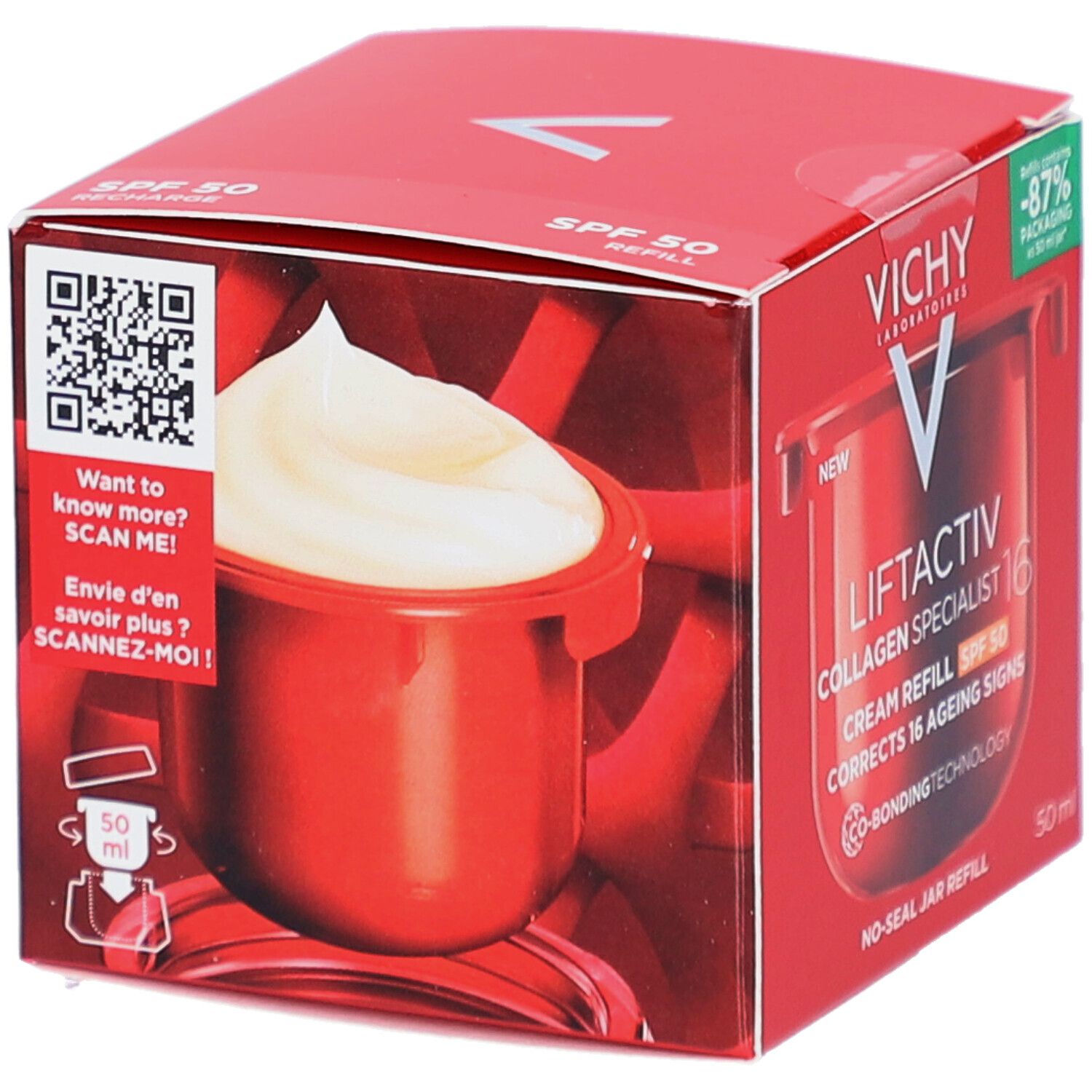 Boîte rouge Vichy Liftactiv Collagen Specialist 16 Crème de Jour SPF50 Recharge. Code QR et image du produit.