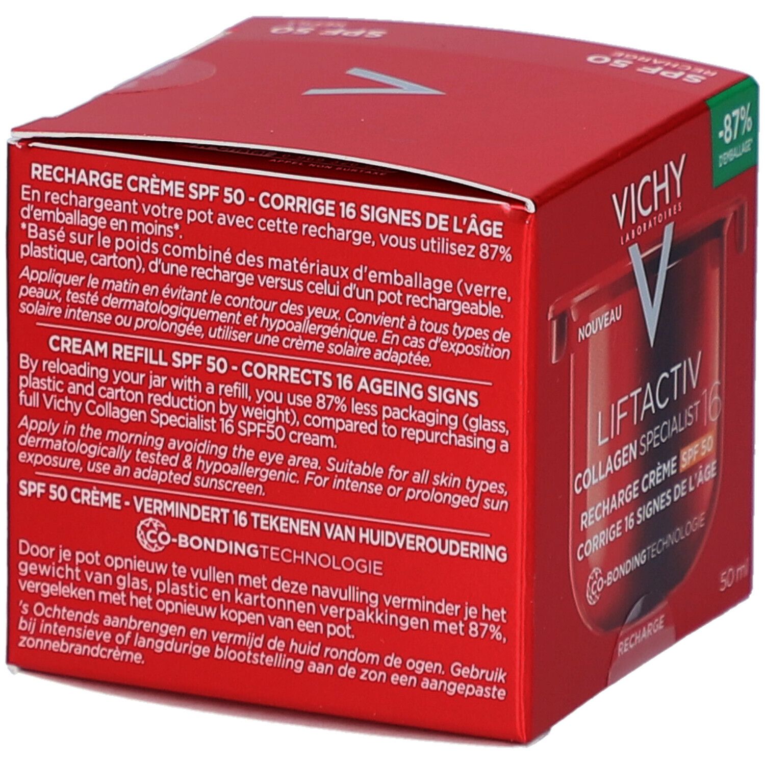 Boîte rouge avec texte. Vichy Liftactiv Collagen Specialist 16 Crème de Jour SPF50 Recharge. Texte.