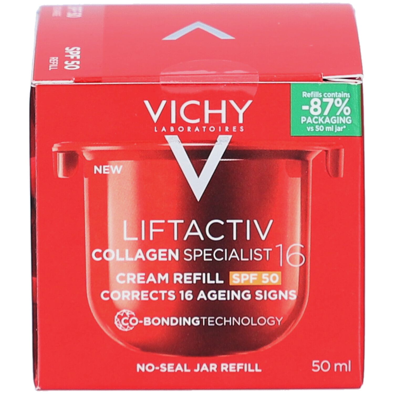 Boîte rouge Vichy Liftactiv Collagen Specialist 16 Crème de Jour SPF50 Recharge. Texte et image du produit.