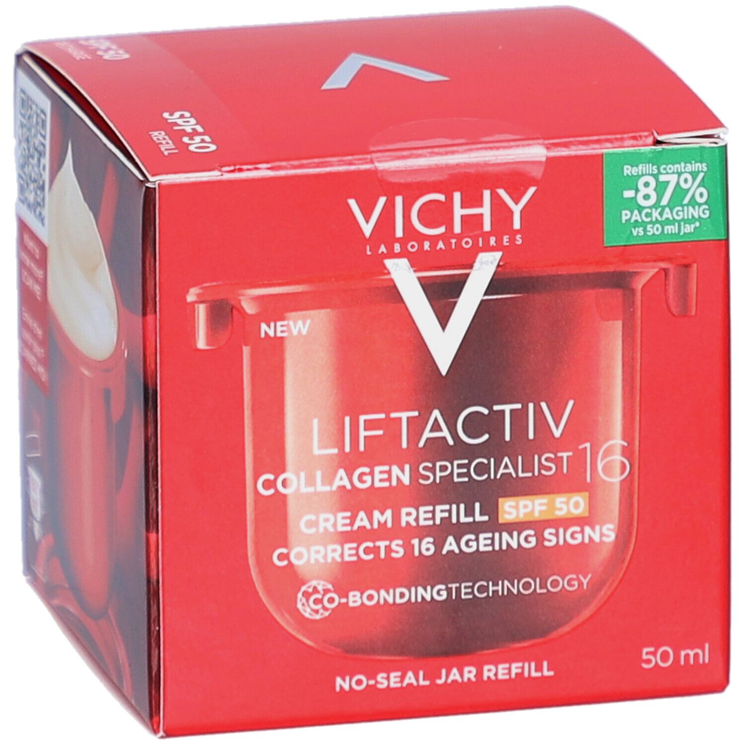 Boîte rouge Vichy Liftactiv Collagen Specialist 16 Crème de Jour SPF50 Recharge. Texte et image du produit.