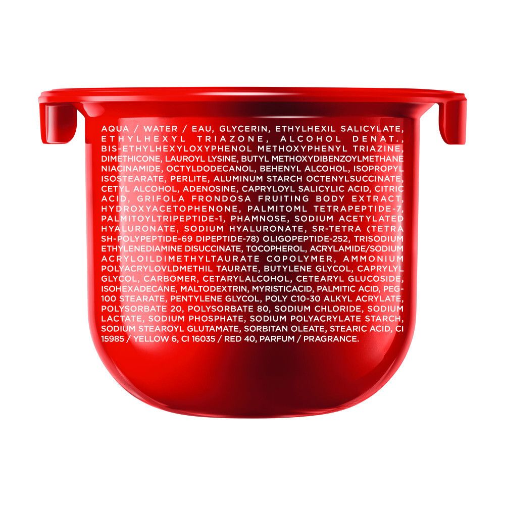Pot rouge. Ingrédients imprimés. Vichy Liftactiv Collagen Specialist 16 Crème de Jour SPF50 Recharge.