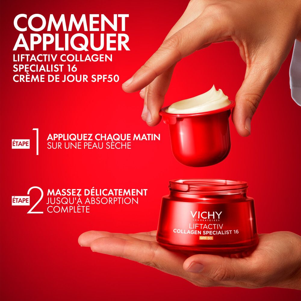 Mains montrant l'application. Vichy Liftactiv Collagen Specialist 16 Crème de Jour SPF50. Produit et pot.