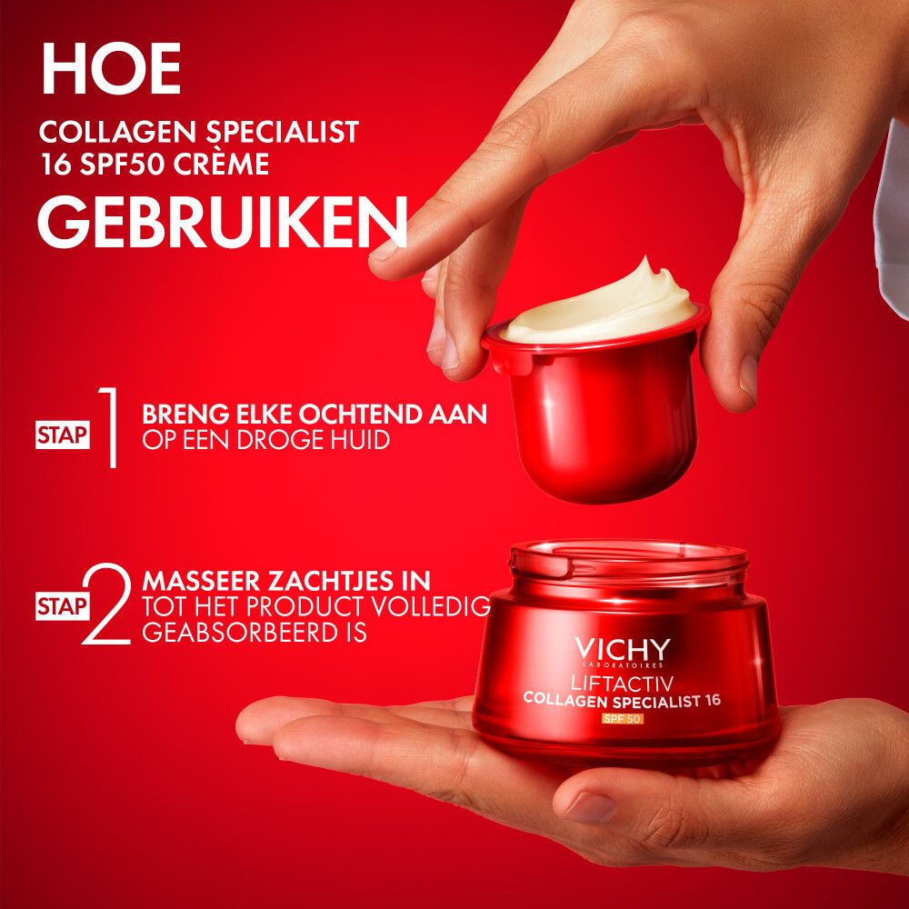 Handen tonen toepassing. Vichy Liftactiv Collagen Specialist 16 SPF50 Crème. Product en pot.