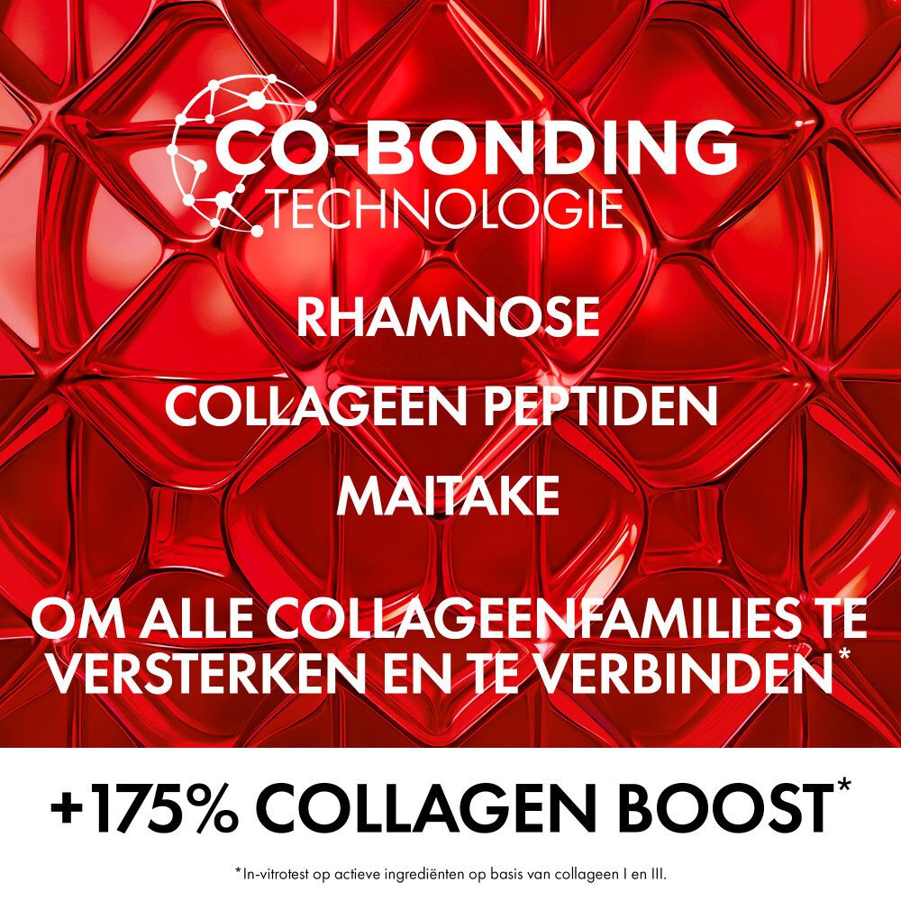 Tekst. Co-Bonding Technologie. Rhamnose, collageen peptiden, Maitake. Versterkt collageen.