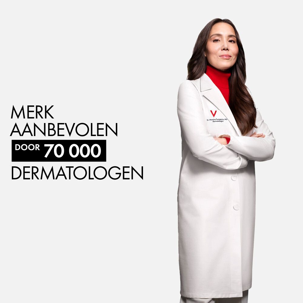 Vrouw in witte jas. Tekst: Aanbevolen door 70.000 dermatologen.