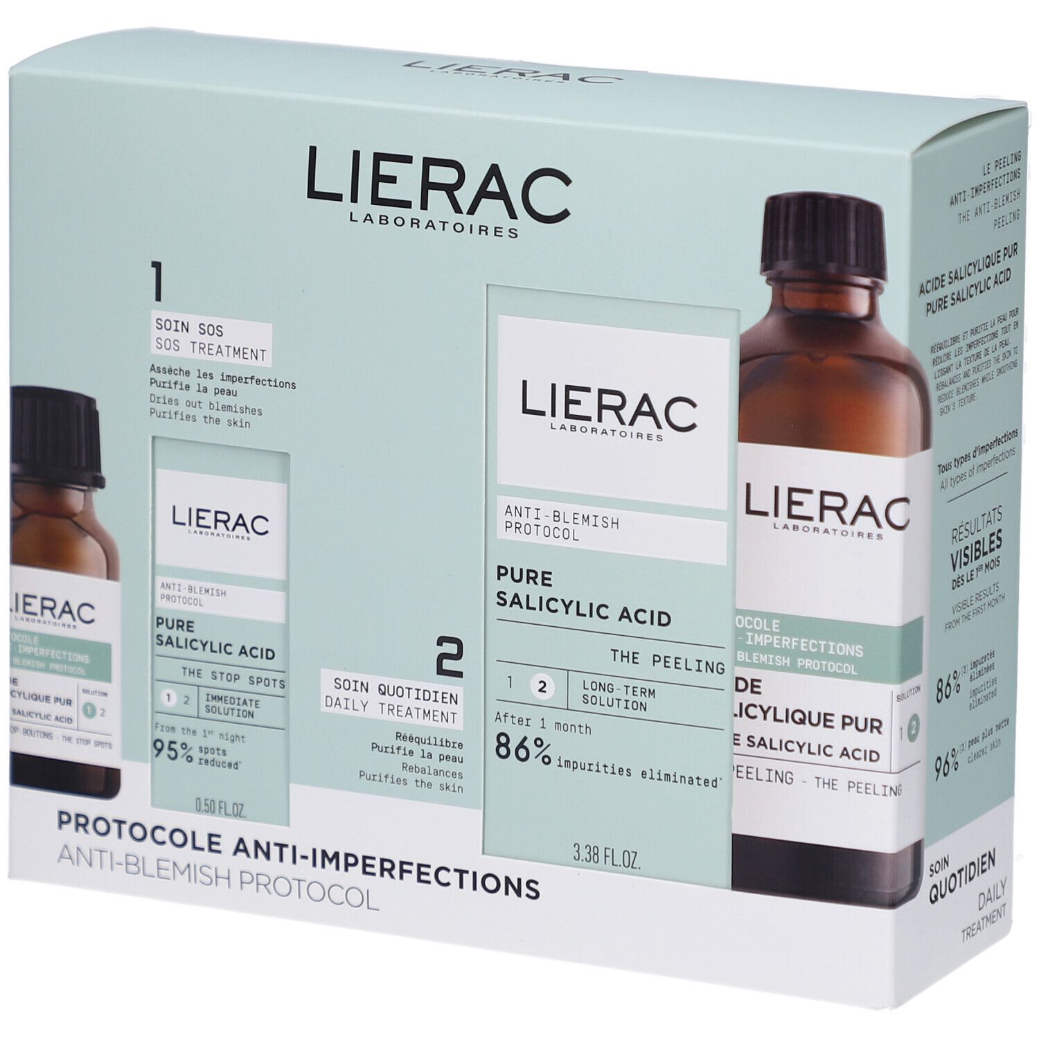 Verpakking met twee flacons en twee kleine dozen. Opschrift: Lierac, Protocole Anti-Imperfections, Pure Salicylic Acid.