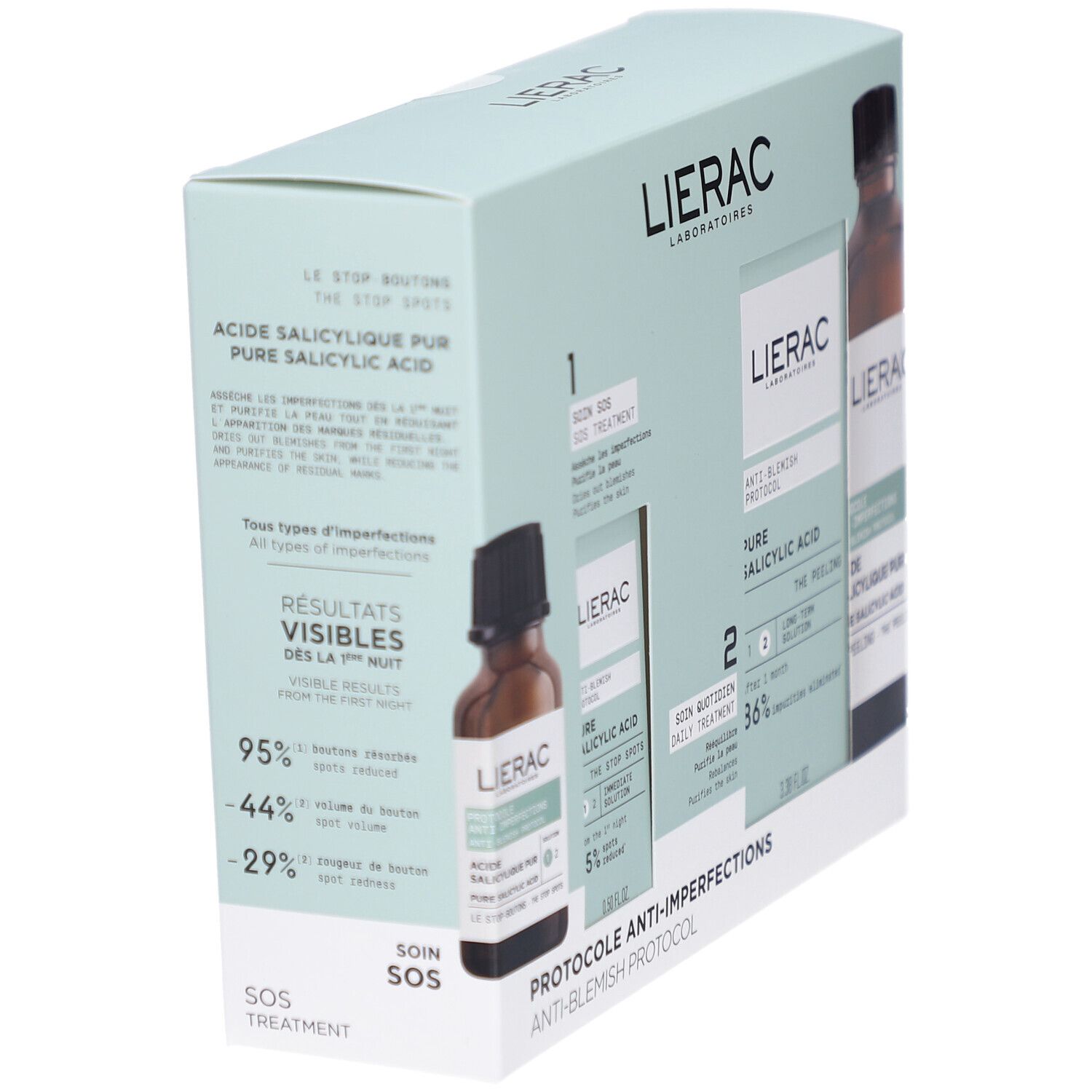 Schuin geplaatste verpakking. Twee flacons, twee dozen. Opschrift: Lierac, Pure Salicylic Acid, Anti-Blemish Protocol.