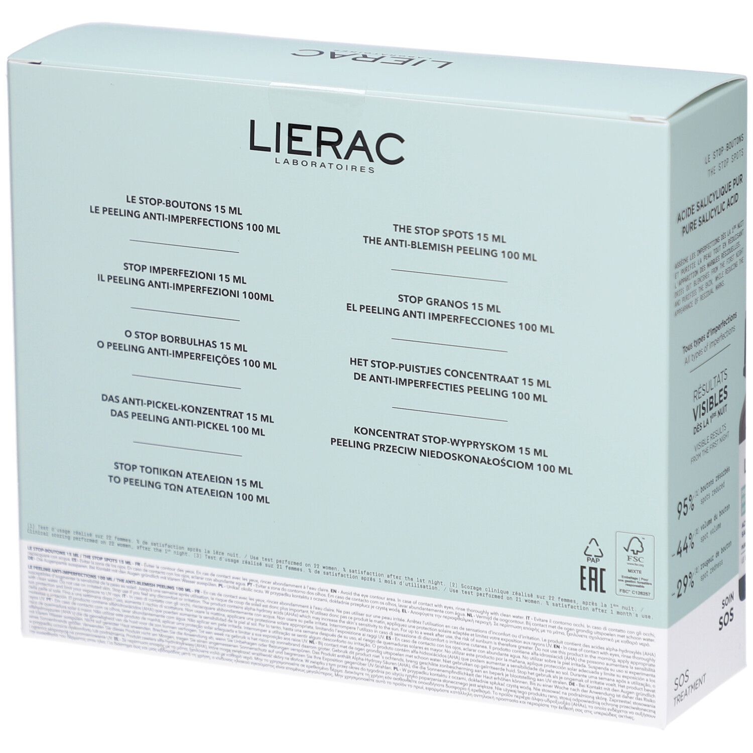 Achterkant van de verpakking. Tekst in meerdere talen. Opschrift: Lierac, Anti-Imperfections, The Stop Spots, The Anti-Blemish Peeling.