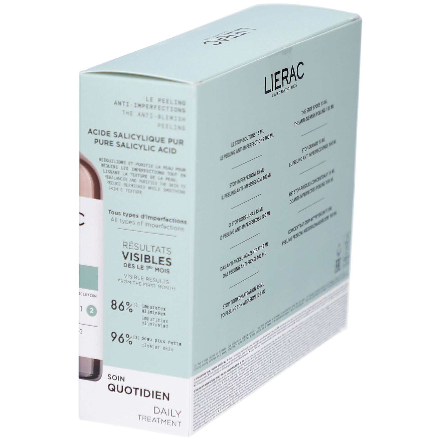 Schuin geplaatste verpakking, achterkant zichtbaar. Opschrift: Lierac, Pure Salicylic Acid, Anti-Blemish Protocol.