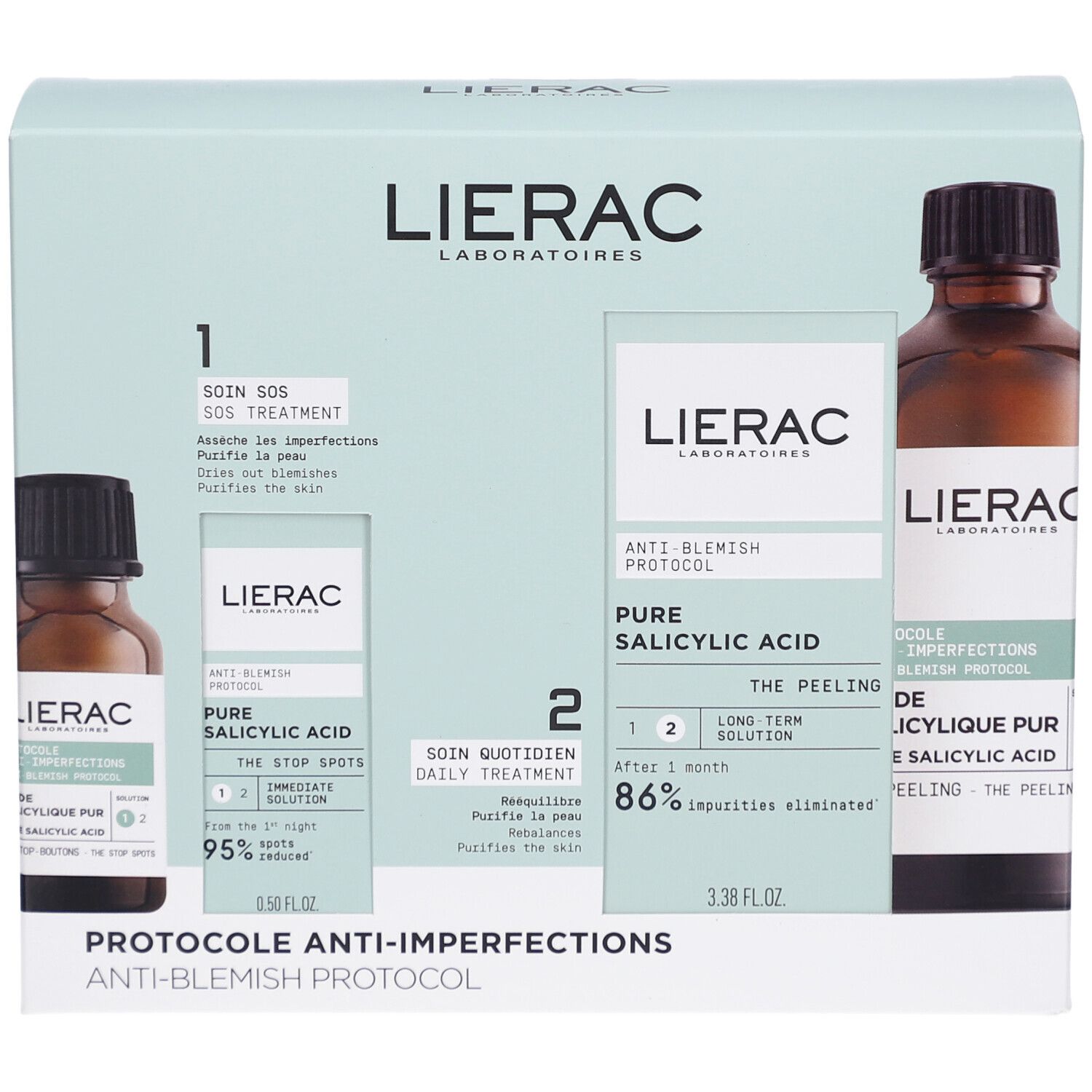 Verpakking met twee flacons en twee kleine dozen. Opschrift: Lierac, Pure Salicylic Acid, Anti-Blemish Protocol.
