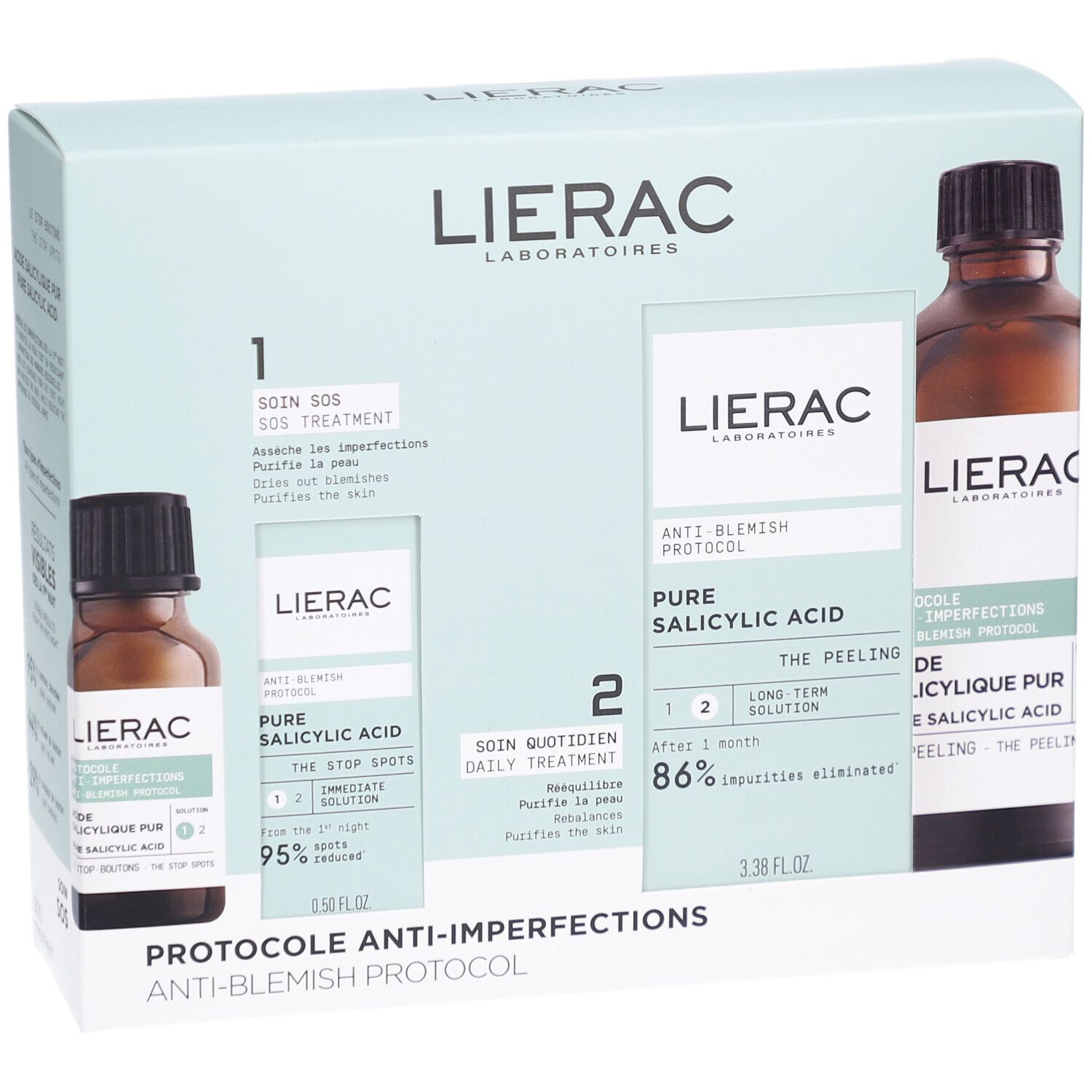 Verpakking met twee flacons en twee kleine dozen. Opschrift: Lierac, Pure Salicylic Acid, Anti-Blemish Protocol.
