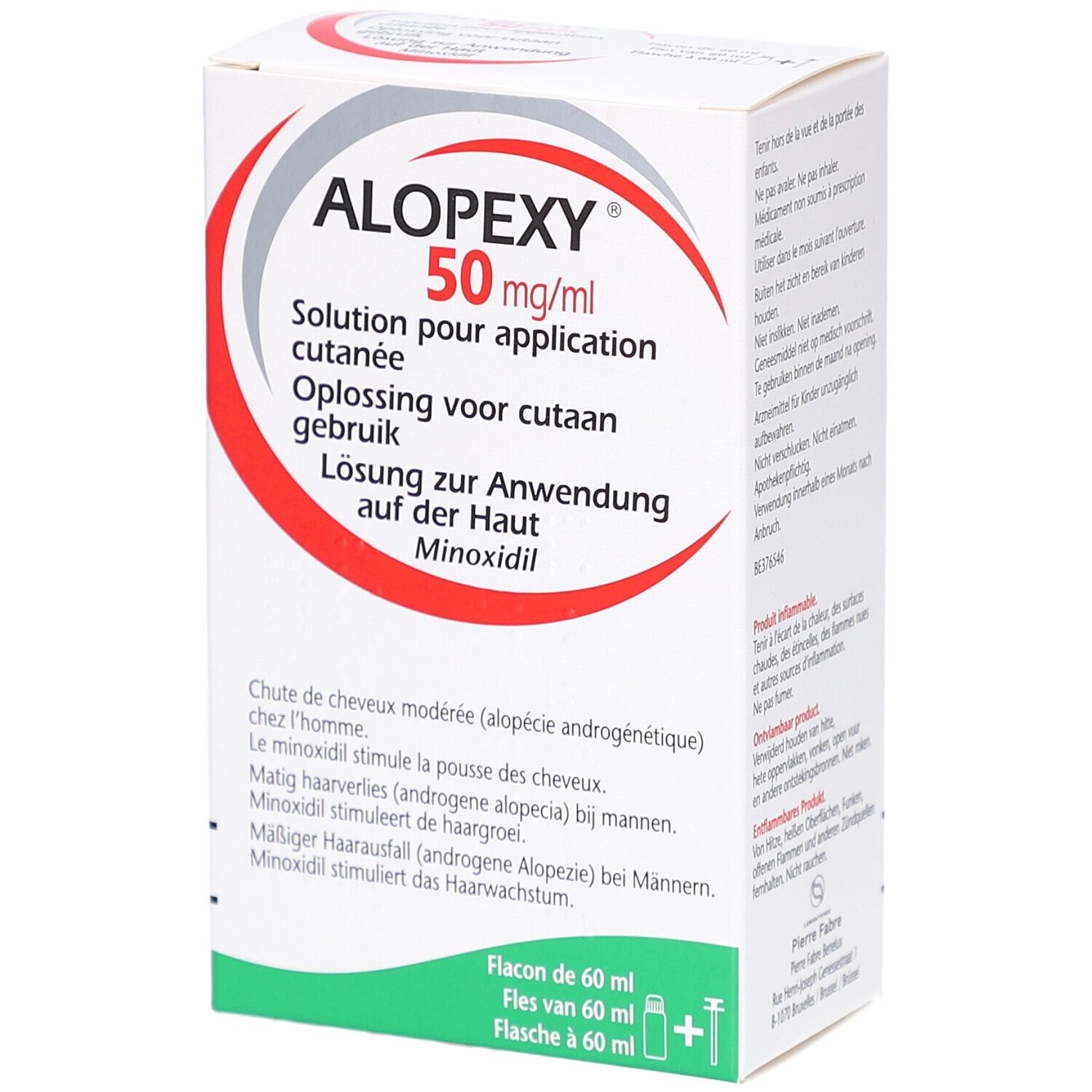 Productverpakking met naam en informatie. Rode en grijze designelementen. Meertalige tekst.