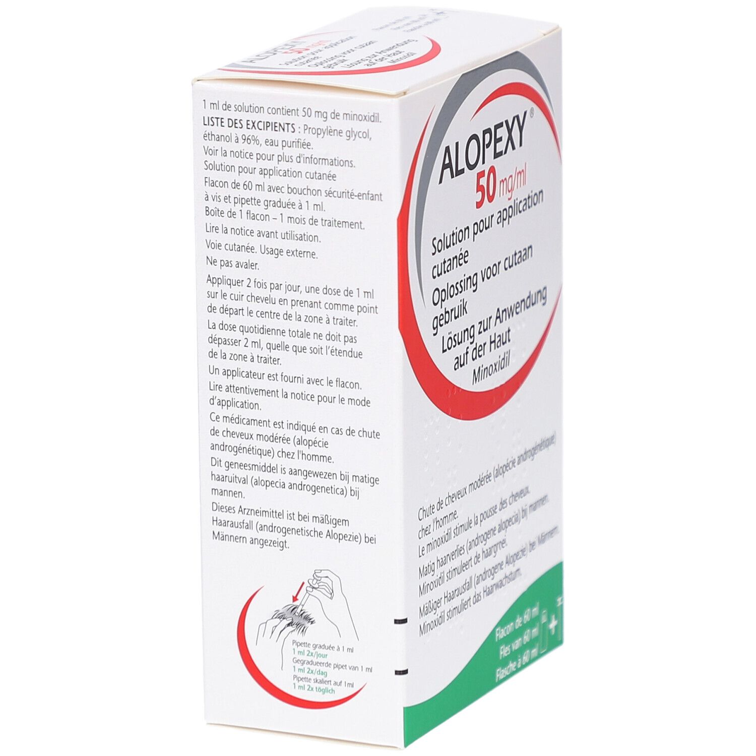 Zijaanzicht van de doos. Productnaam en informatie. Illustratie van een pipet. Meertalige tekst.