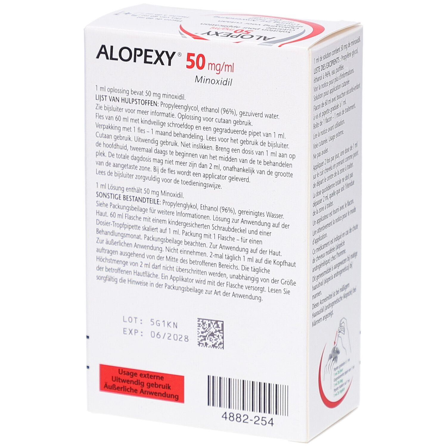 Achterkant van de doos. Productinformatie en meertalige tekst. Lotnummer en vervaldatum.