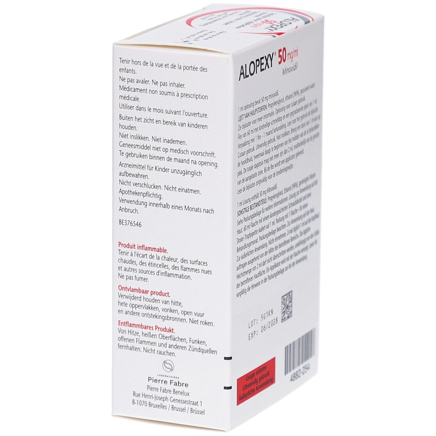 Zijaanzicht van de doos. Productnaam en informatie. Meertalige tekst. Waarschuwingen.