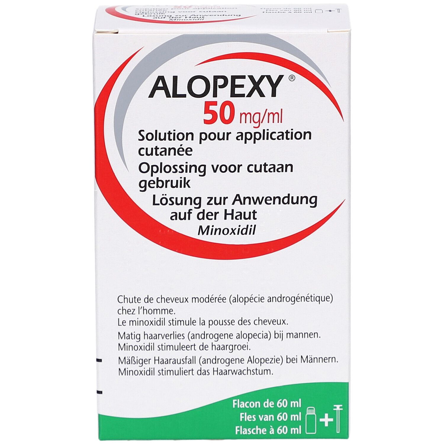 Productverpakking met naam en informatie. Rode en grijze designelementen. Meertalige tekst.