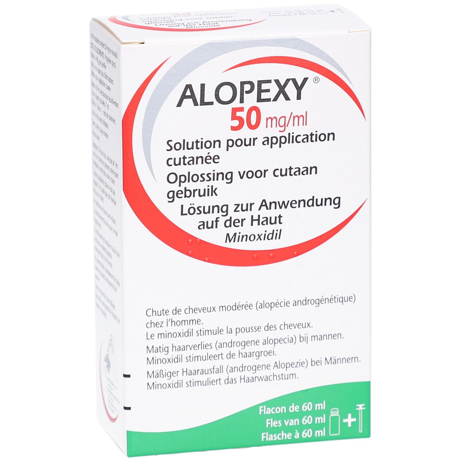 Productverpakking met naam en informatie. Rode en grijze designelementen. Meertalige tekst.