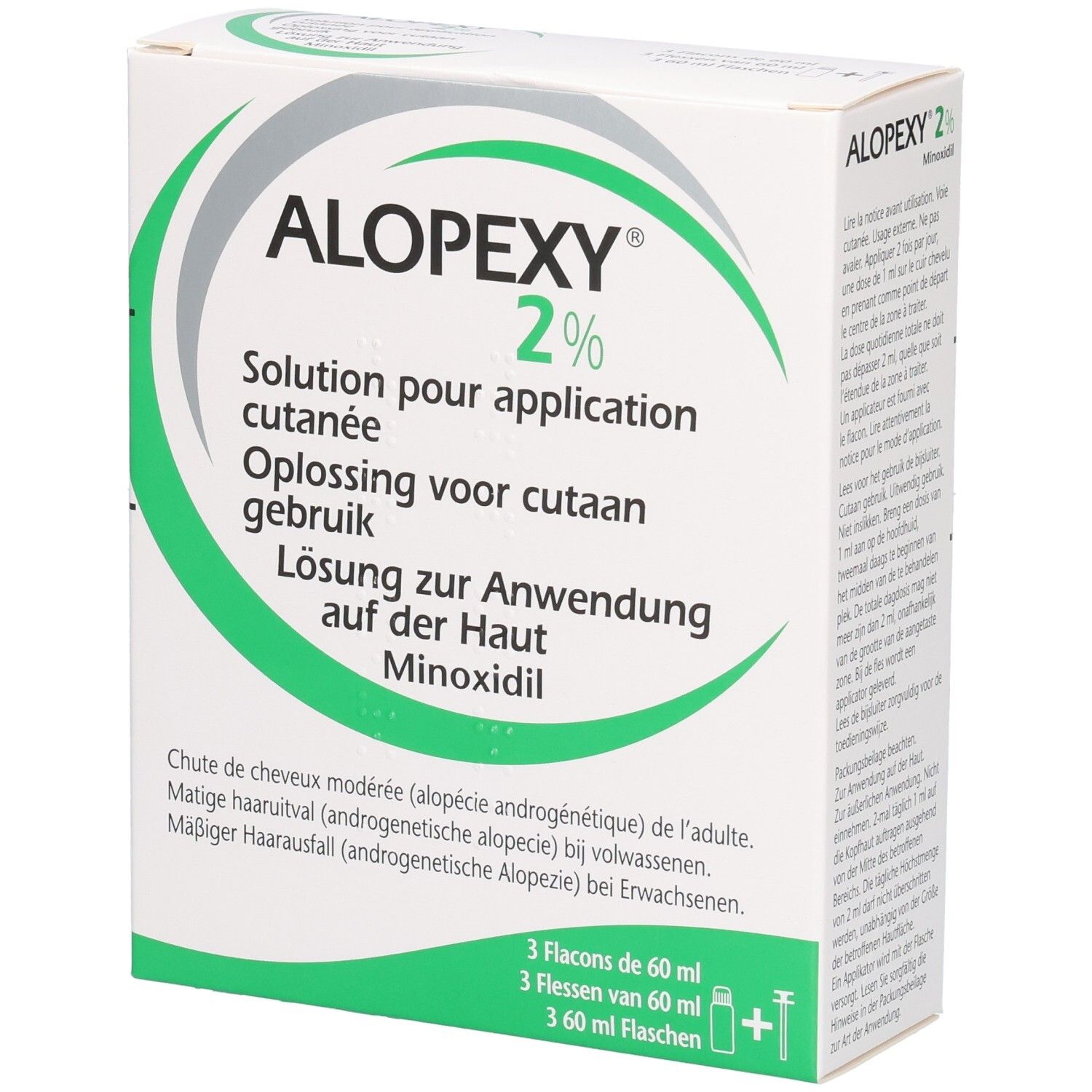 Alopexy 2% Minoxidil Oplossing voor cutaan gebruik. Bevat 3 flacons van 60 ml.