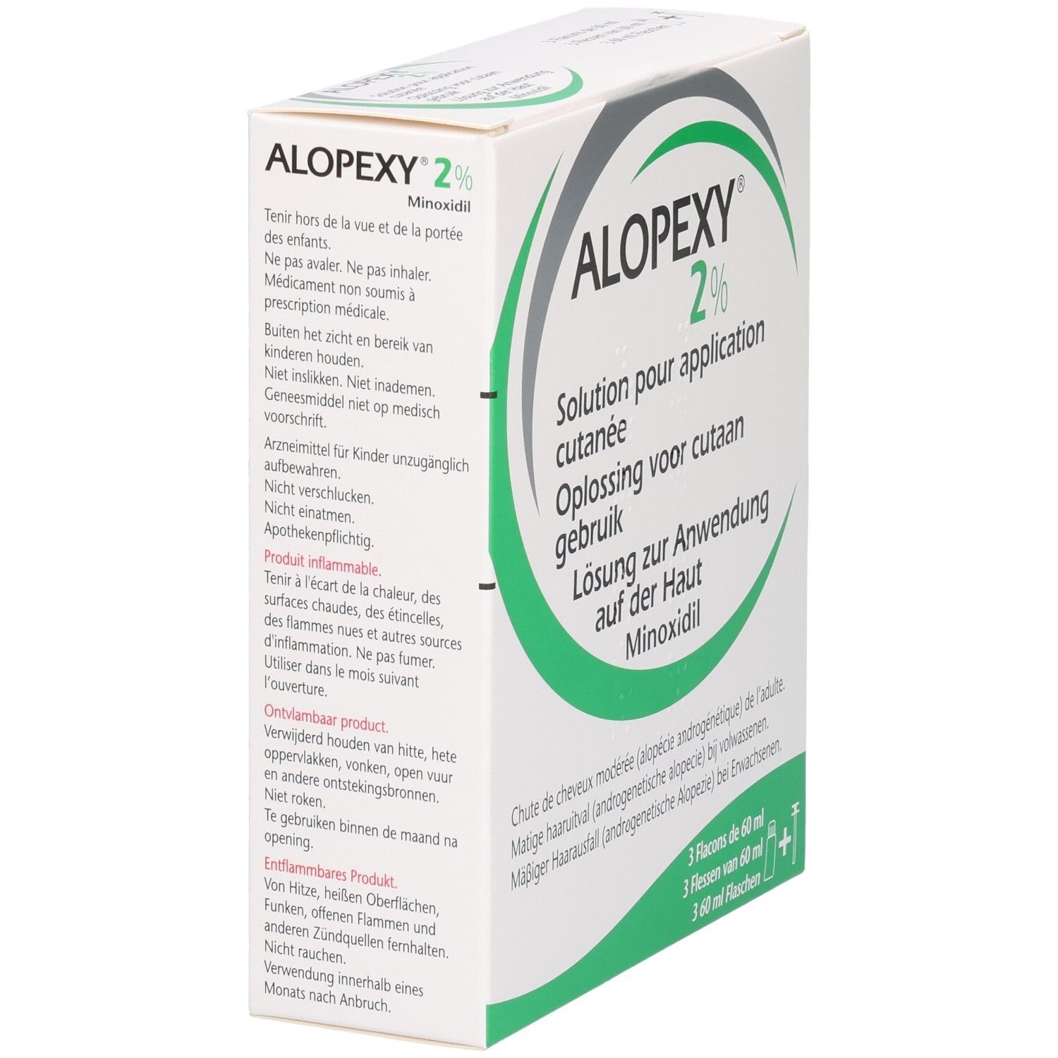 Alopexy 2% Minoxidil Oplossing: Gebruiksinfo en waarschuwingen op de achterkant van de verpakking.
