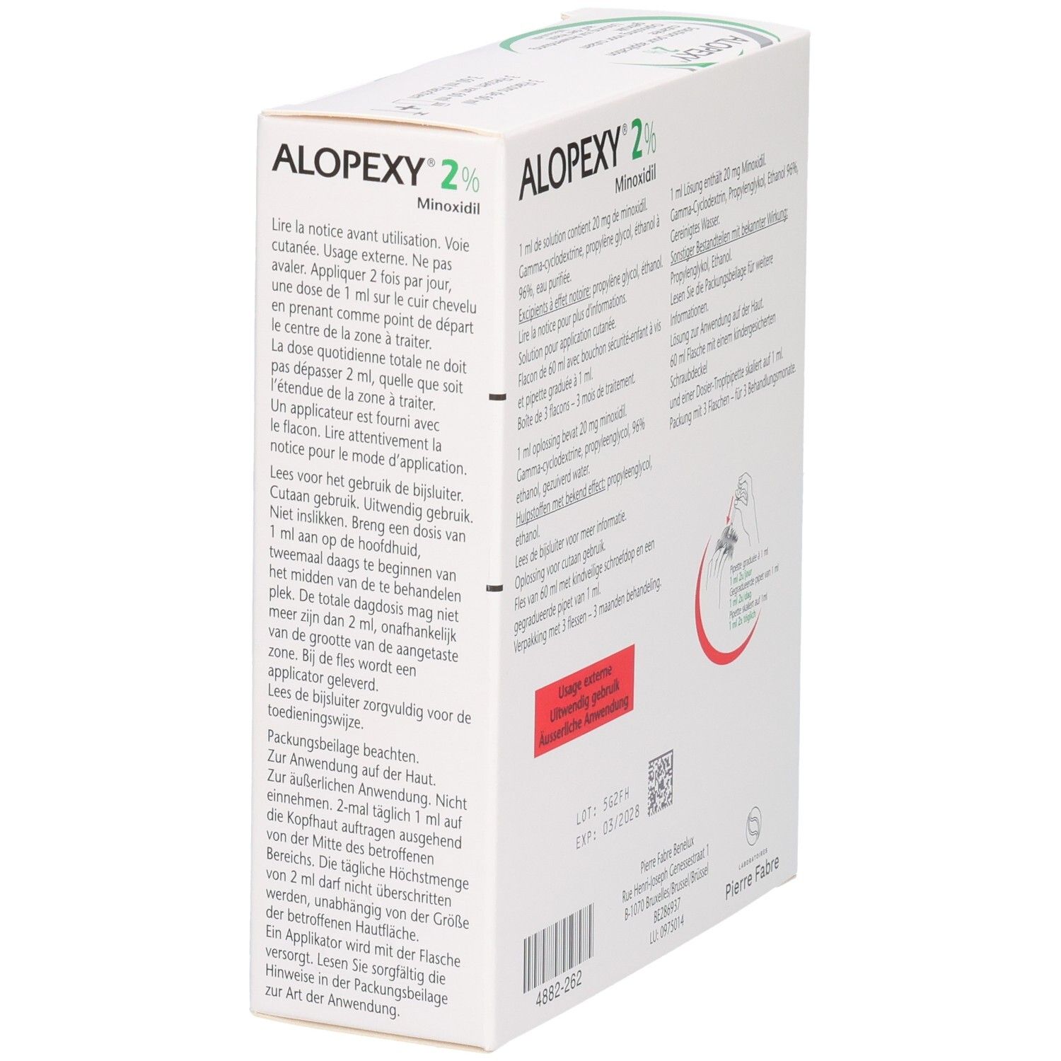Alopexy 2% Minoxidil: Zijaanzicht van de verpakking met gebruiksinstructies en waarschuwingen.