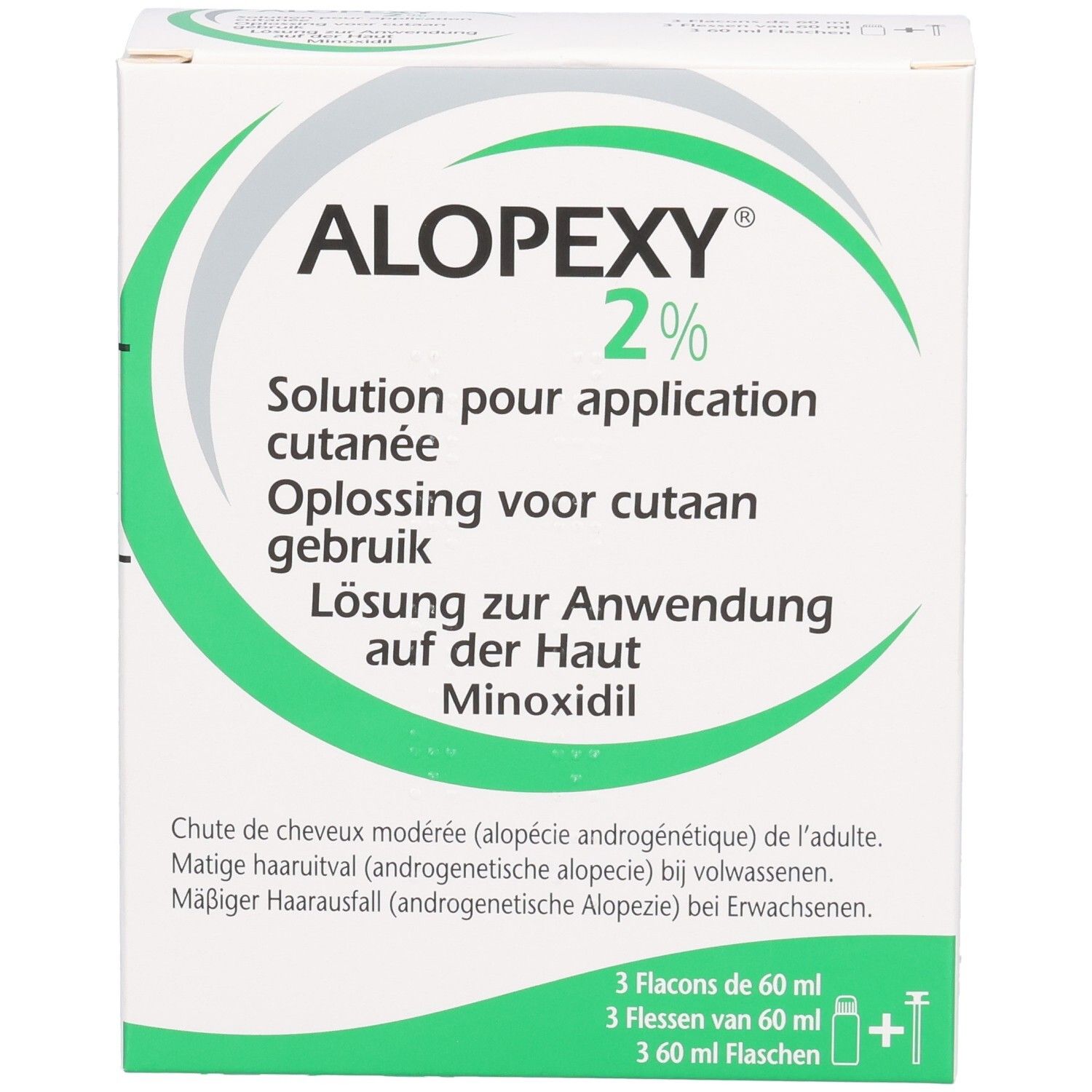 Alopexy 2% Minoxidil Oplossing voor cutaan gebruik. Bevat 3 flacons van 60 ml.